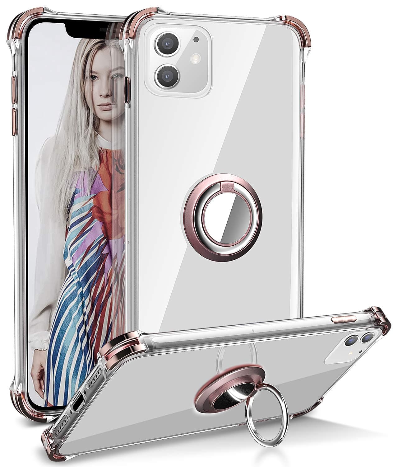 iPhone 11 Case, Daupin Clear iPhone 11 Case with 360 Rotatable Ring Kickstand Soft TPU Bumper PC Hard Back Protective Phone Case for iPhone 11 6.1 inch (Rose Gold)