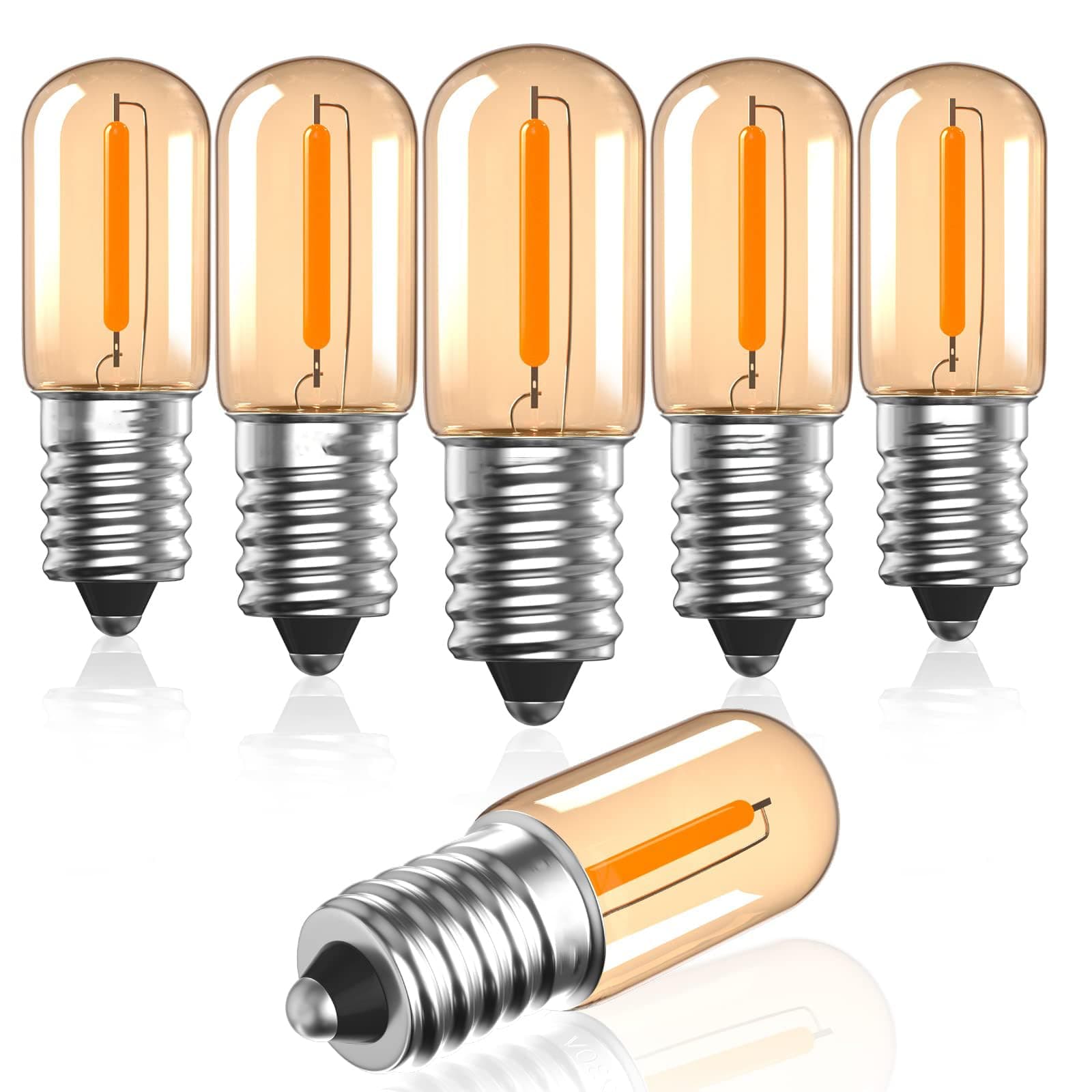 BIGTHREE E14 LED Light Bulbs, 6 Pack 0.6W Warm Yellow 2200K T16 Vintage Filament Bulb, Tubular Night Light, Mini Bulb Amber Glass Small Edison Screw Bulbs for Lamp Refrigerator