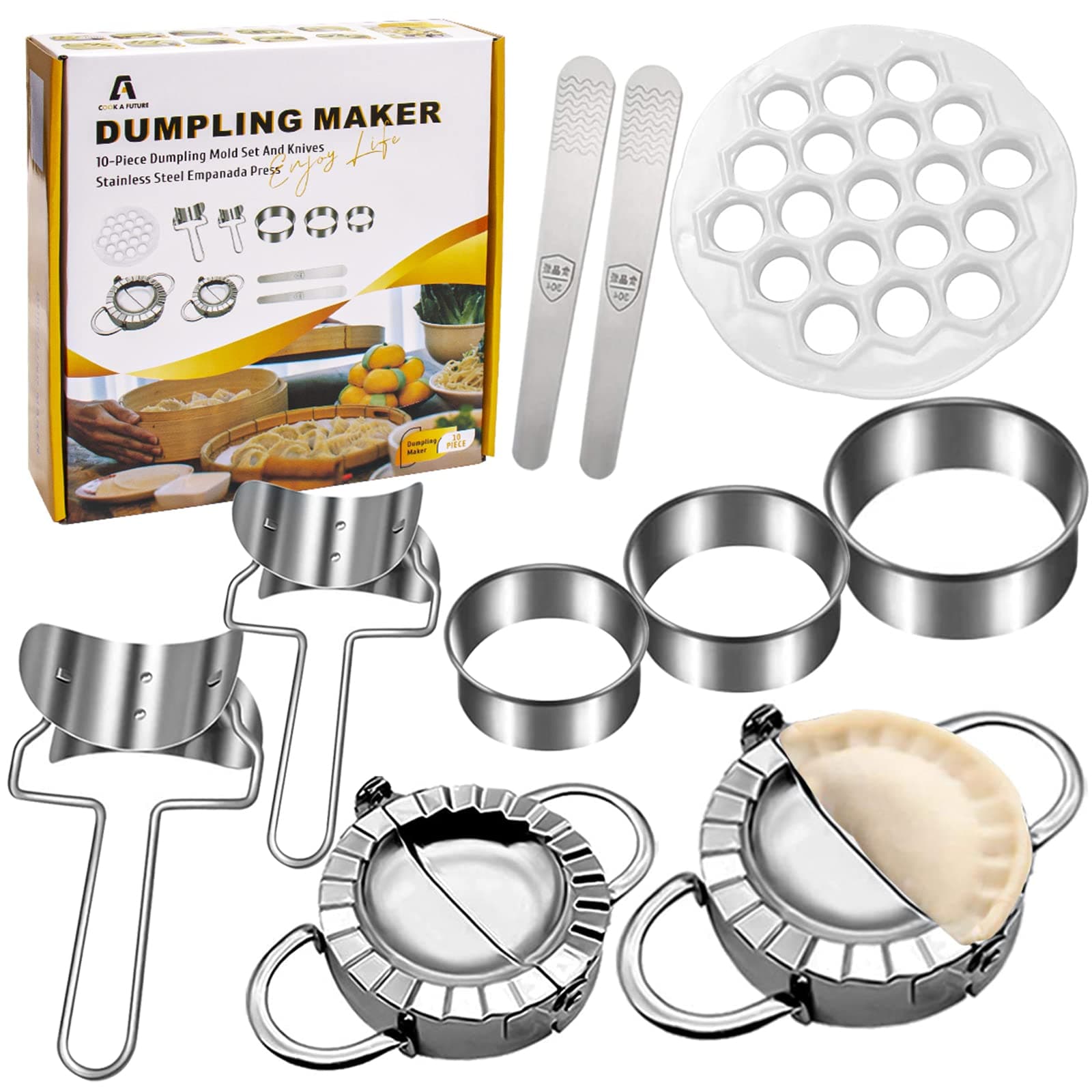 Dumpling Maker, COOK A FUTURE 10-Piece Dumpling Mold Set And Knives Stainless Steel Empanada Press, Diy Chinese Dumpling Pie Wonton Pie Stamper Kitchen Accessories