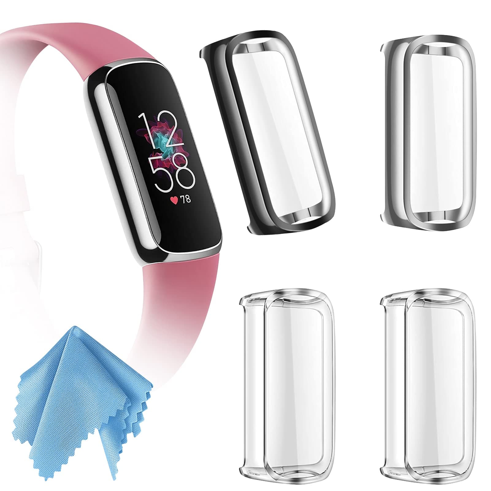 Fintie 4 Pack Screen Protector Case Compatible with Fitbit Luxe, Soft TPU Full Protective Screen Cover Saver Bumper, Black, Silver, 2 Clear