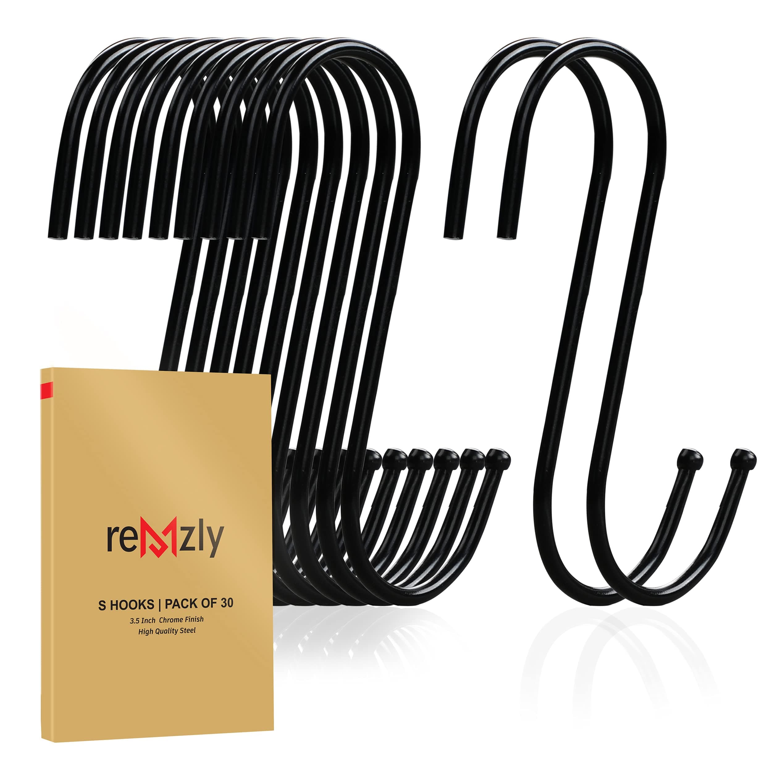 30 Pack Black S Hooks for Hanging 3.5 Inch Heavy Duty Durable Metal Hooks Carbon Steel S Shaped Large S Hooks for Hanging Jeans Kitchen Utensils Plants Pot Pan Cups Towels & Bags