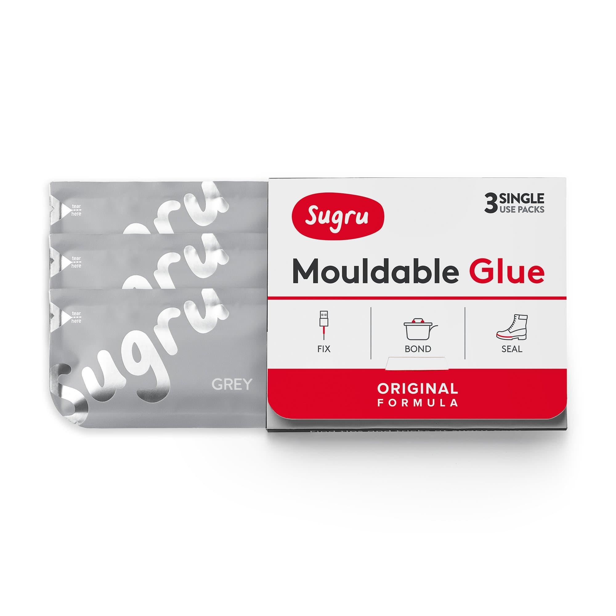 Sugru Moldable Glue - Original Formula - All-Purpose Adhesive, Advanced Silicone Technology - Holds up to 4.4 lb - Gray 3-Pack