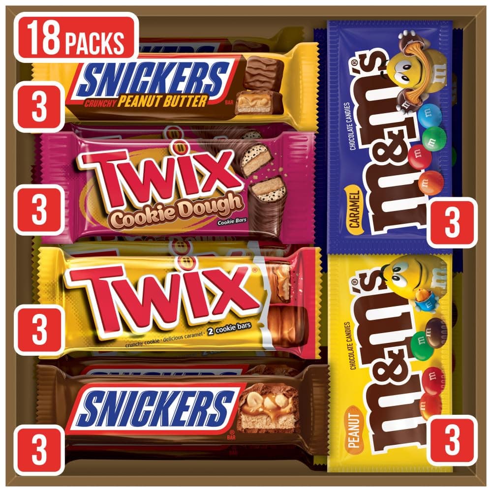 M&M's Peanut, M&M's Caramel, Snickers Original, Peanut Butter Squared, Twix Cookie Dough Variety Pack Full Size Individually Wrapped Milk Chocolate Candy Bars, 18 Ct