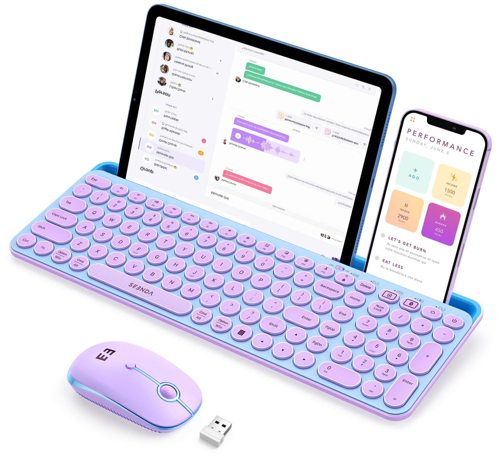 seenda Bluetooth Keyboard and Mouse for iPad, CTU-301 Wireless Multi-Device Connection Bluetooth+2.4G Keyboard Mouse Combo with Tablet Holder for iPad/Macbook/Windows, iOS/Andriod/Phone, Blue & Purple