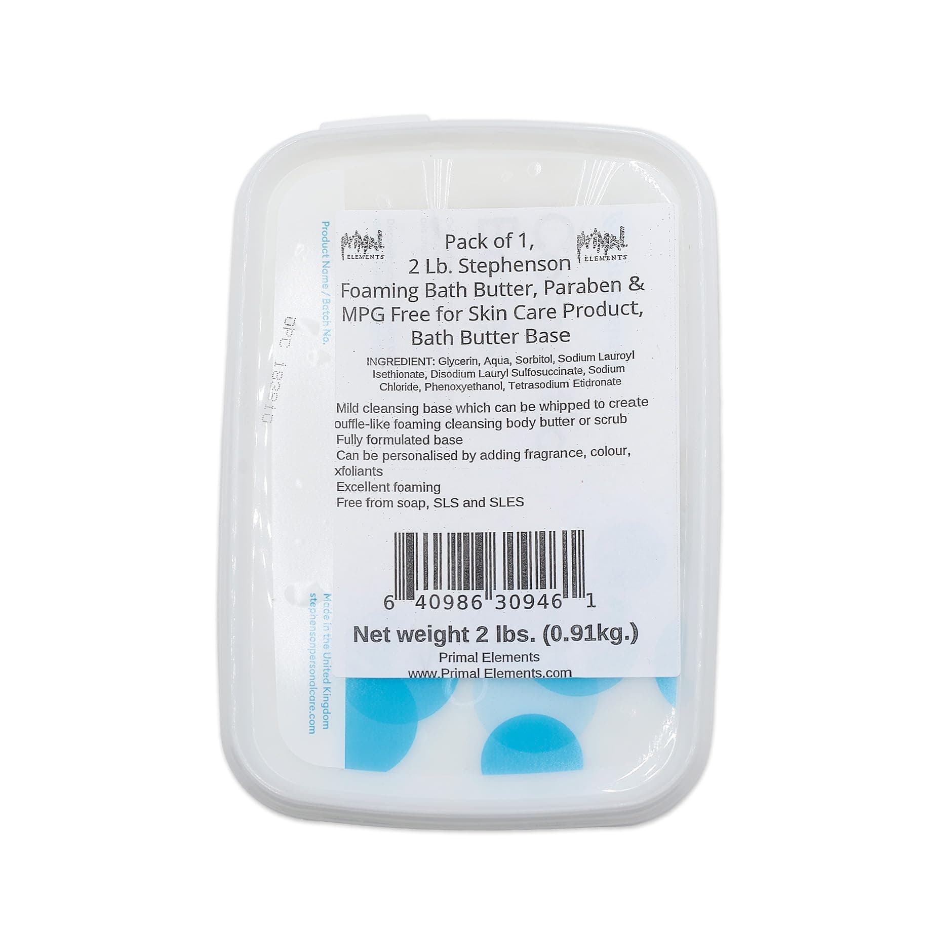 Primal Elements 2 Lb. Stephenson Foaming Bath Butter, Paraben & MPG Free for Skin Care Product, Bath Butter Base for Soap Making, Nonirritant for Sensitive Skin, Fragrance Free, Colorless