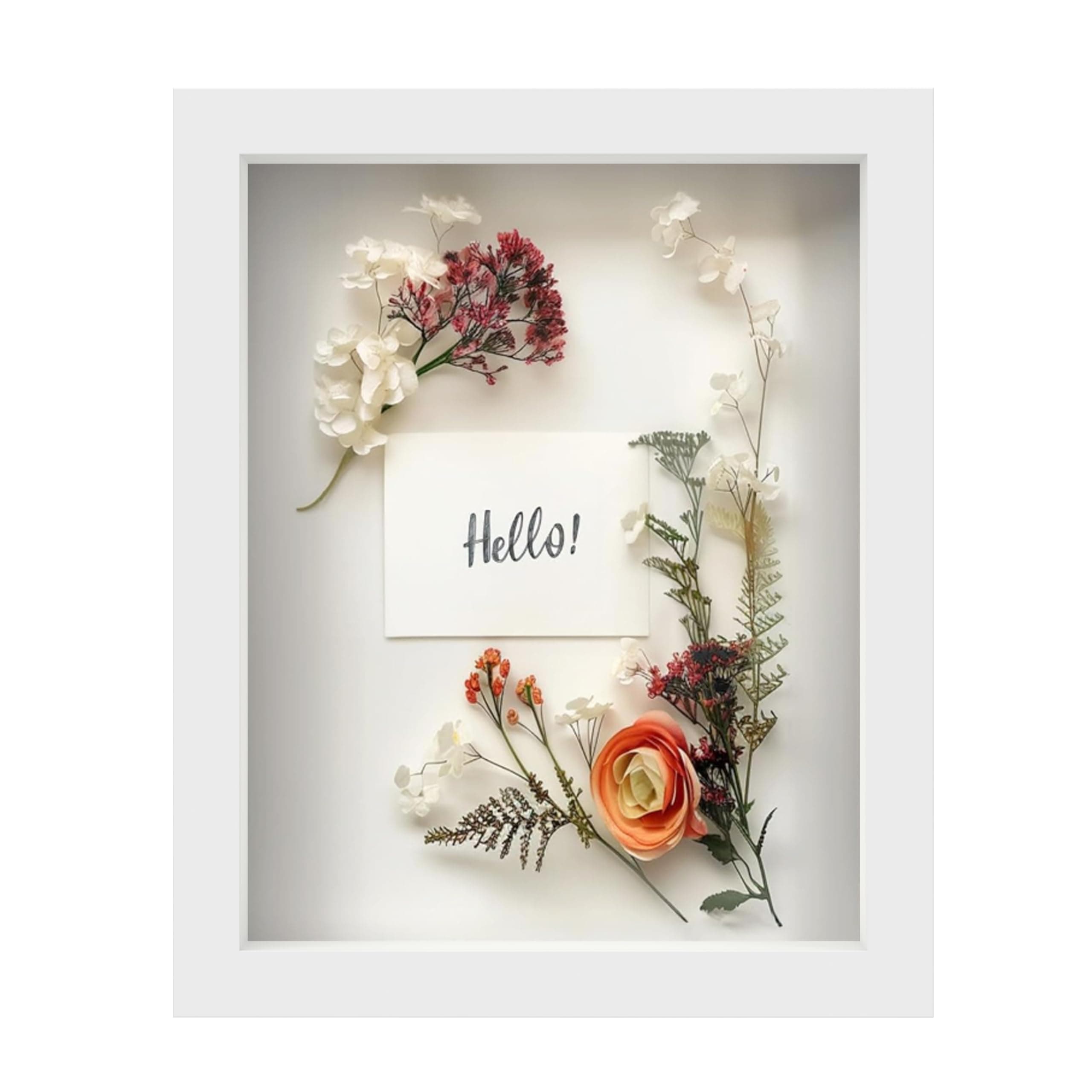 FrameWorks 8” x 10” White Wooden Shadow Box Frame – Soft Felt Back, Tempered Glass, and Included Elegant White Ball Push Pins