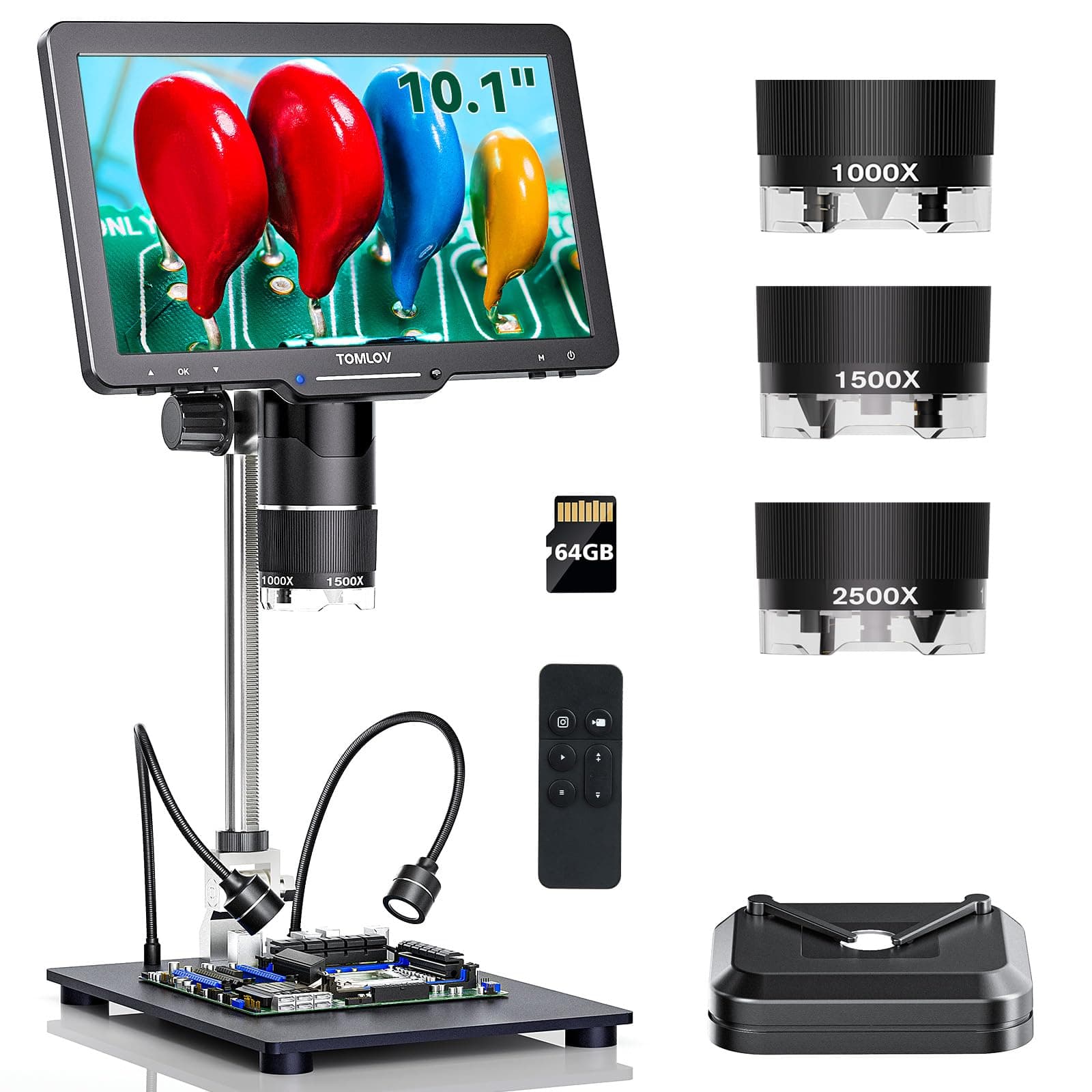 TOMLOV Digital Microscope, 3 Lenses, 2K HDMI Microscope, 2500x Magnification, IPS 10.1 Inch, Coin Microscope, Full Coin, LCD Welding Microscope, 14 LED Lamps, Compatible with PC/TV, Adults, Biological Observation, Free Research, Biology Education, Gemology, Circuit Board Repair, Electronic Microscope, Japanese Compatible, 64GB Digital Microscope 0