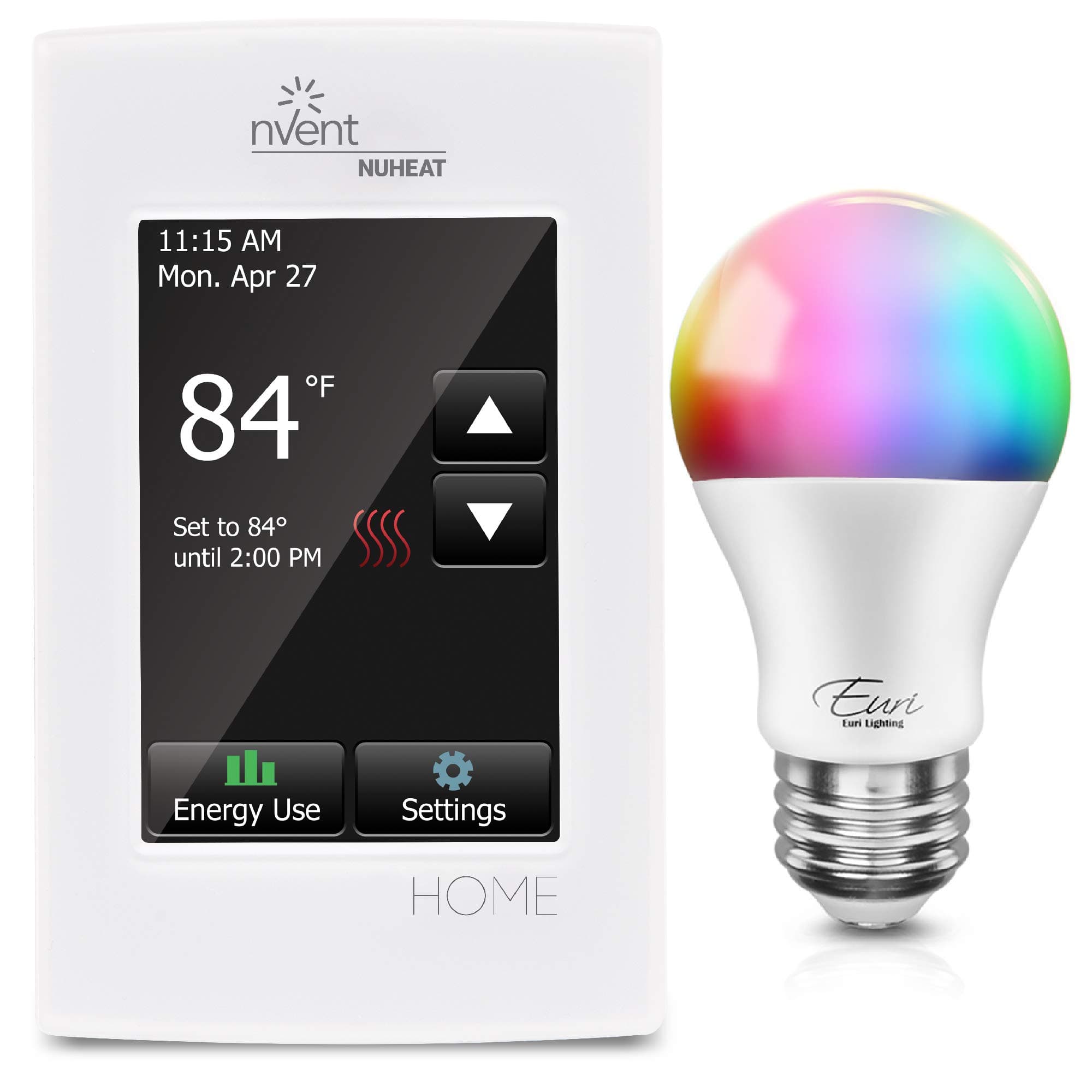 Nuheat Home Programmable Dual-Voltage Thermostat with Touchscreen with Optional Euri WiFi Smart Bulb (NuHeat Programmable Thermostat with Euri Wifi Smart Bulb)