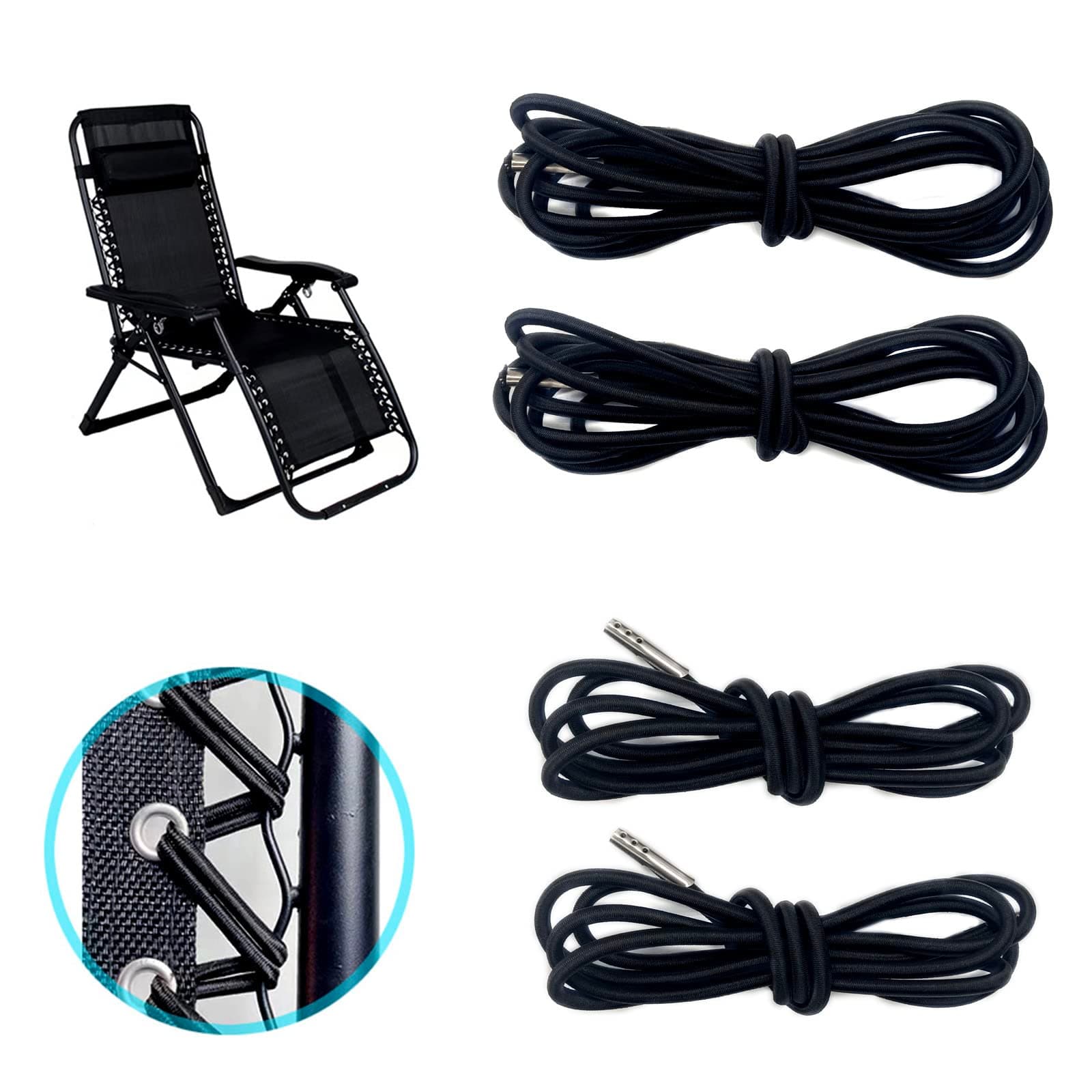 BlingKingdom 4pcs Black Replacement Cord for Zero Gravity Chair Universal Elastic Chair Repair Cord Ties Kit for Sun Loungers, Garden Chairs, Outdoor Recliners, Folding Chairs, Bungee Chairs