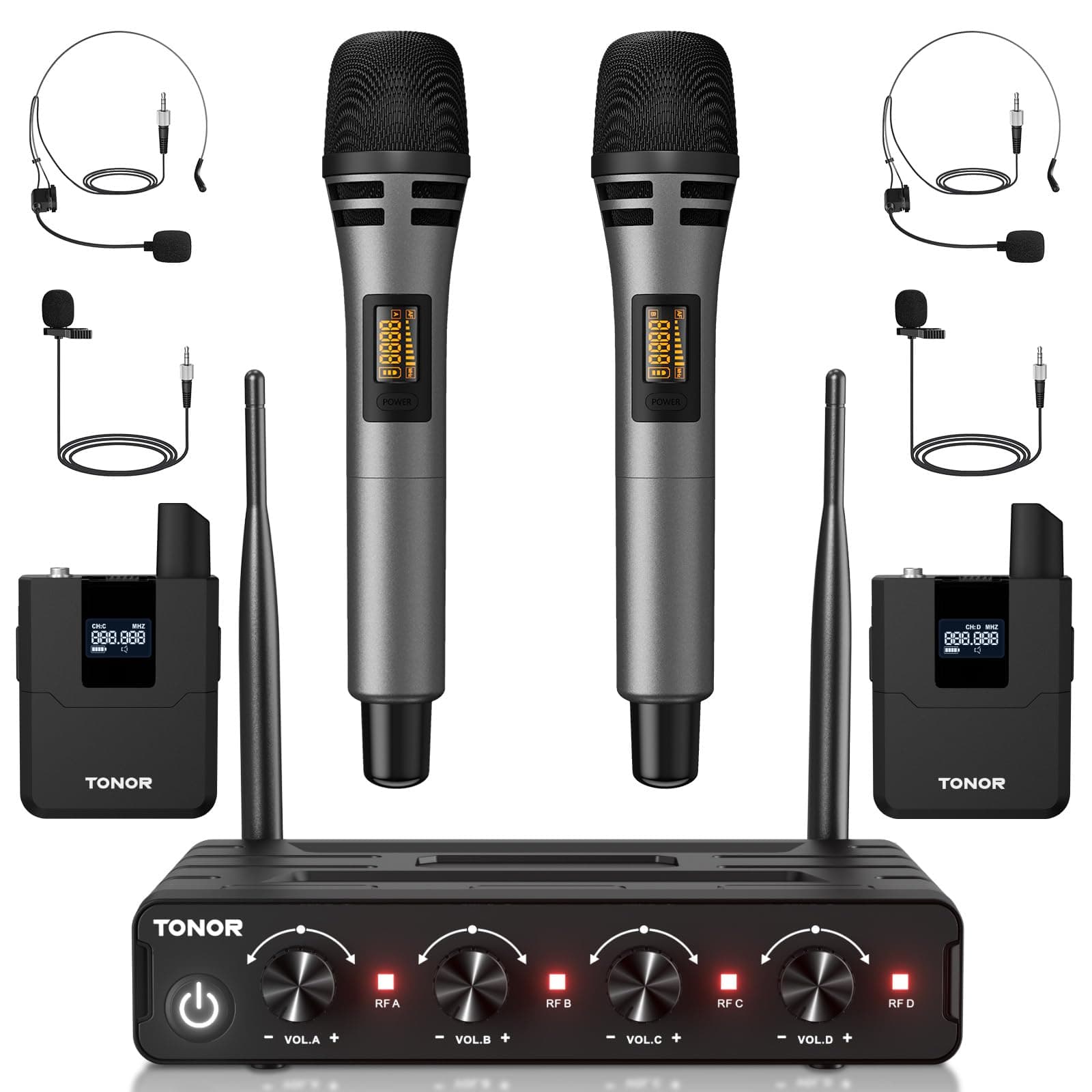 Wireless Microphone System, 4 * 10-Channel UHF Cordless Handheld Mic Set with Headset/Lavalier Lapel Mics, Bodypack Transmitter, Receiver, 60 m/200ft Range for Karaoke Singing Church PA Speaker