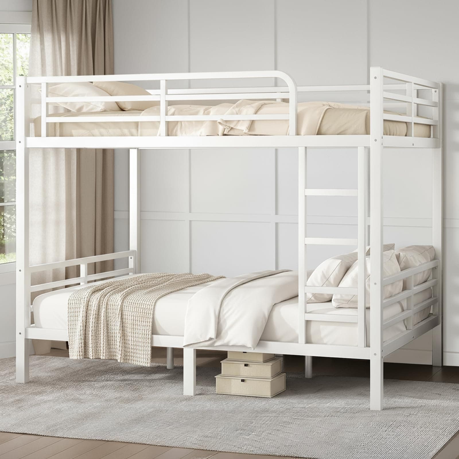 Full Over Full Bunk Bed, Metal Bunk Bed Frame Heavy Duty Bunk Beds Loft Bed Frame with Ladder and Guardrail Metal Slats No Box Spring Required for Adults Teens, White