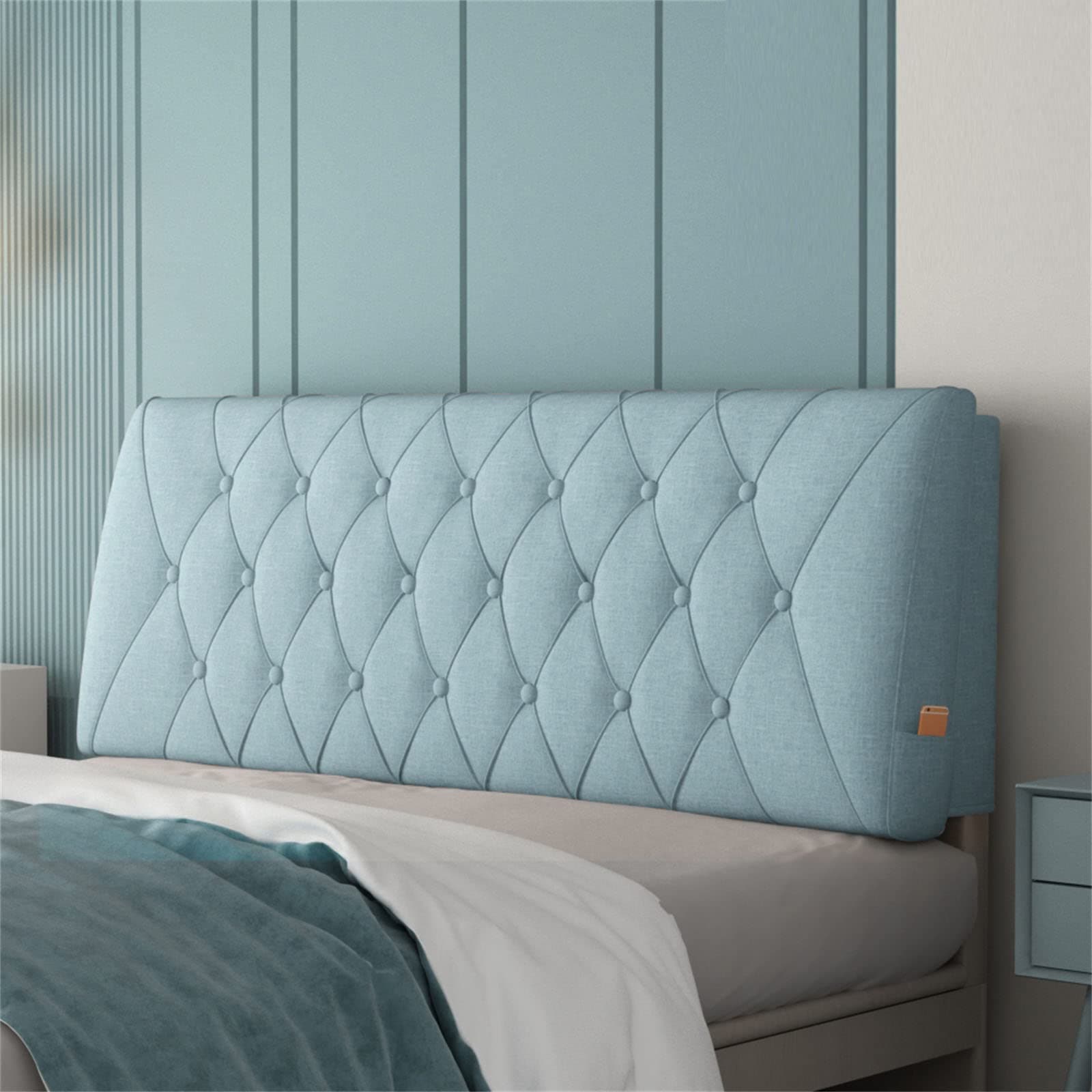 ZZYY Bedside Cushion Bed Backrest Linen Headboard Cushion Support Reading Pillow Bolster for Twin Full Queen King Daybed Bed Bunk Bed Removable Washable,Blue,35.4"/90cm(Single)