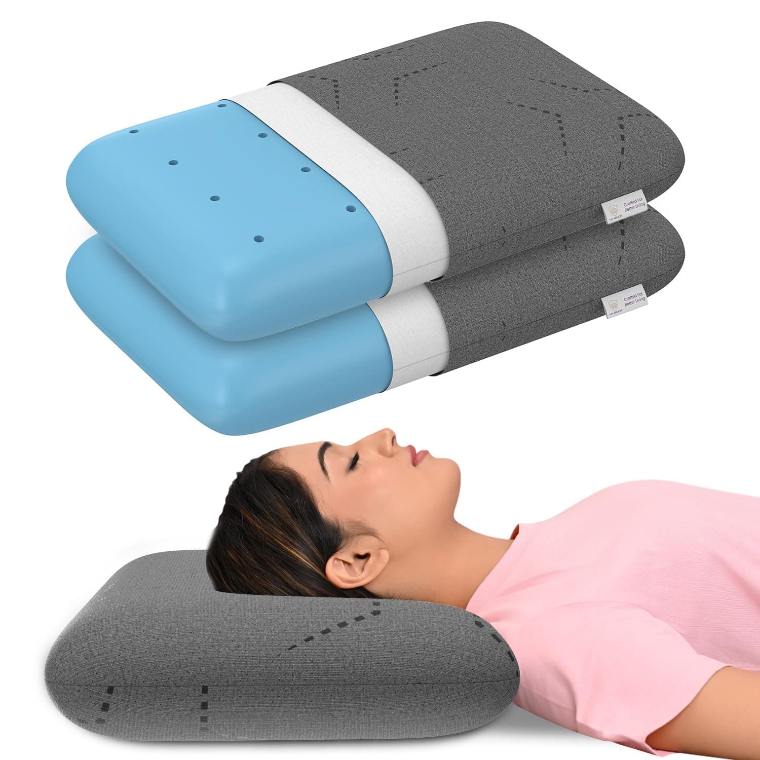 MY ARMOR Ventilated Cool Gel Memory Foam Pillow Set of 2, Orthopedic Pillows for Neck Pain Relief, King Size - 5 Inch Thick with Grey Colour Removable Washable Pillow Cover - Pack of 2