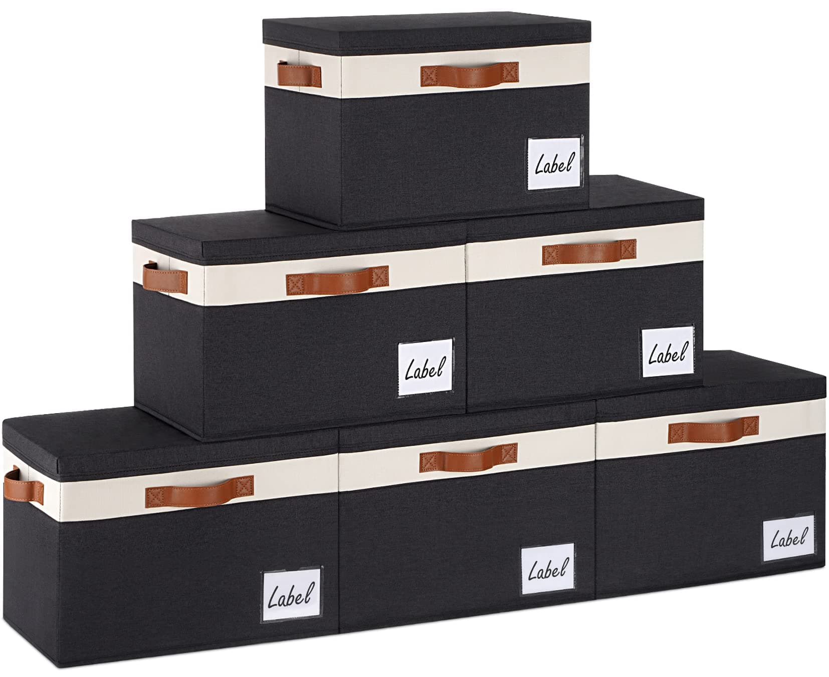 GhvyenntteS Extra Large Storage Bins with Lids, Foldable Fabric Storage Boxes with Lids and 3 Leather Handles, Storage Baskets with Label Window (6 Pack, Black, 15.75" x 11.8" x 10.2")