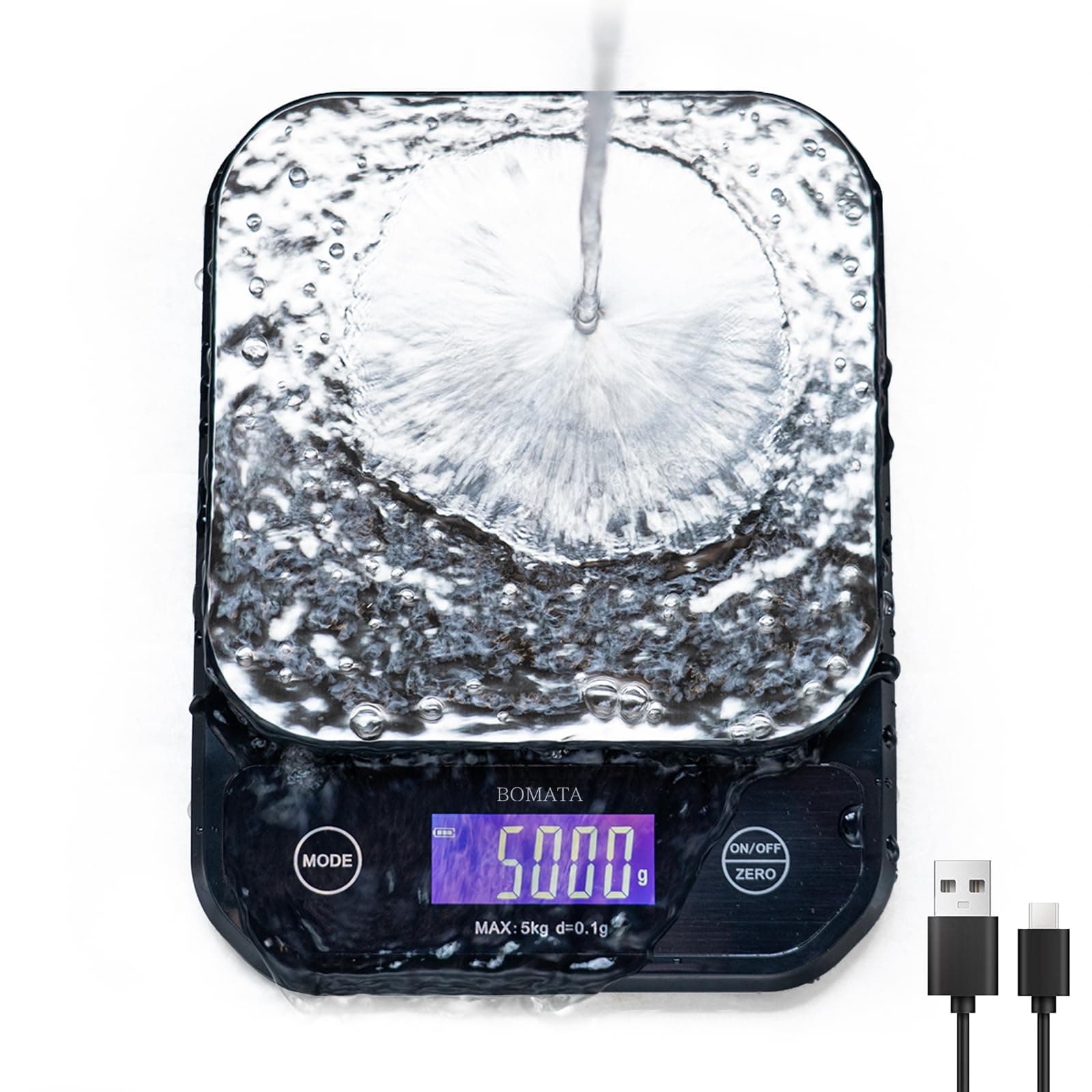 BOMATA Waterproof IPX6 Kitchen Scale, 0.1g High Precision,Max 5kg, Washable, TYPE-C Rechargeable, Stainless Steel Weighing Platform, Digital Scale for Food,Cooking, Baking, Weight Loss, etc.……