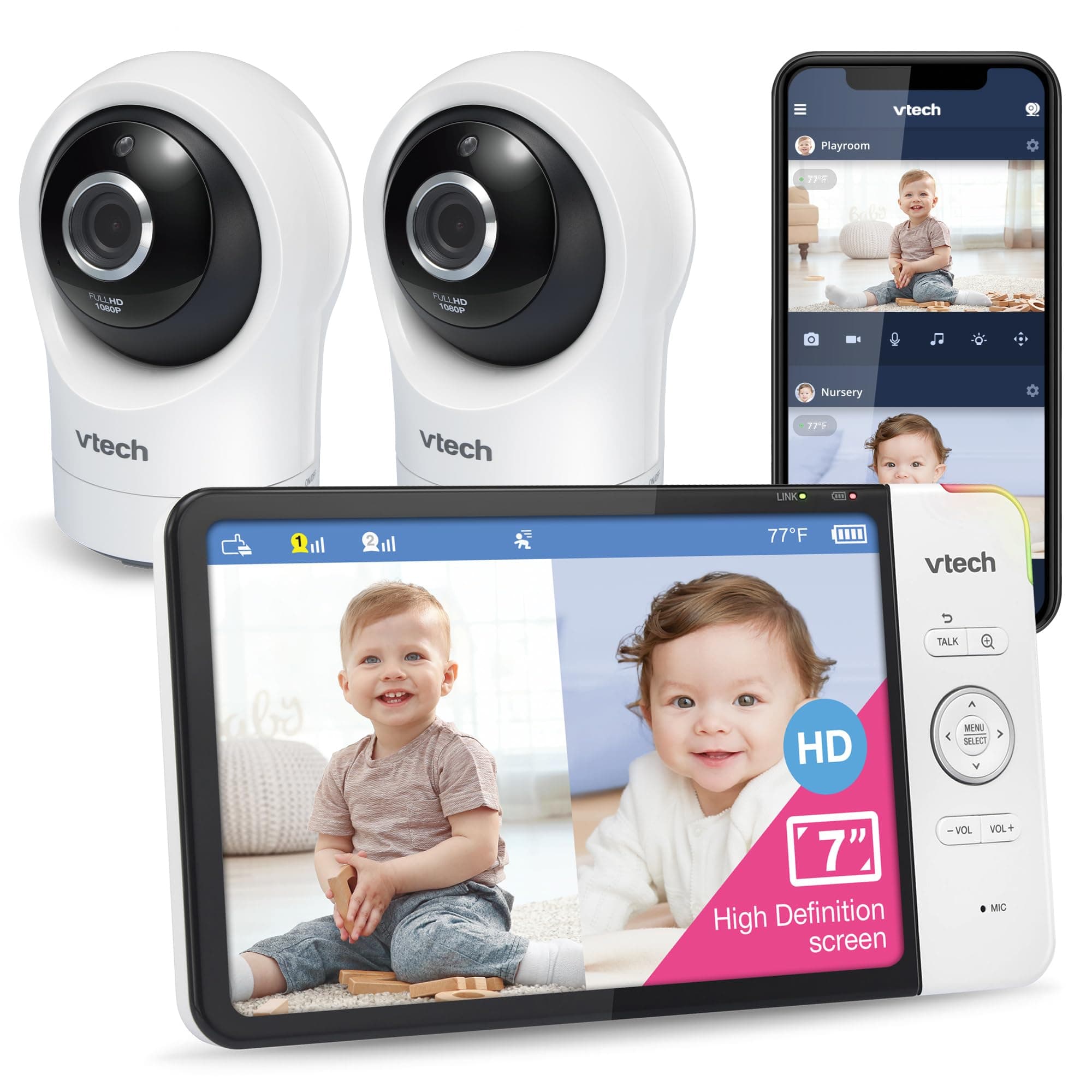 RM7764-2HD 1080p Smart WiFi Remote Access 2Camera BabyMonitor, 360° Pan&Tilt, 10X Zoom, 7” 720p HD Display, HD NightVision, Soothing Sounds, 2-Way Talk, Temperature&Motion Detection, iOS&Android