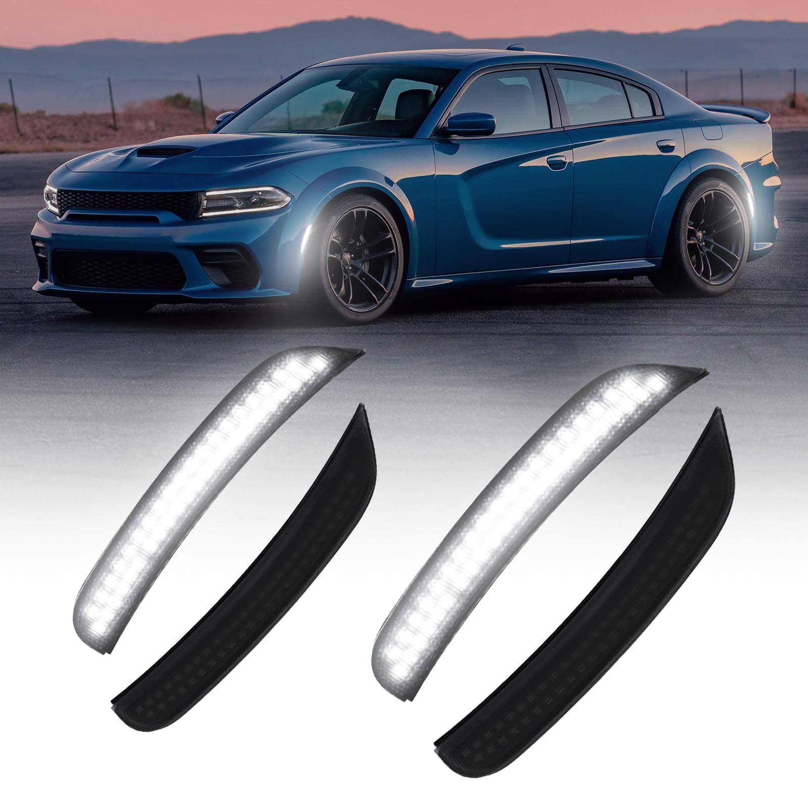 LED Side Marker Lights White Compatible With Dodge Charger 2015-2023, White Front & Rear Bumper Marker Lamps Smoked Len, Pack of 4
