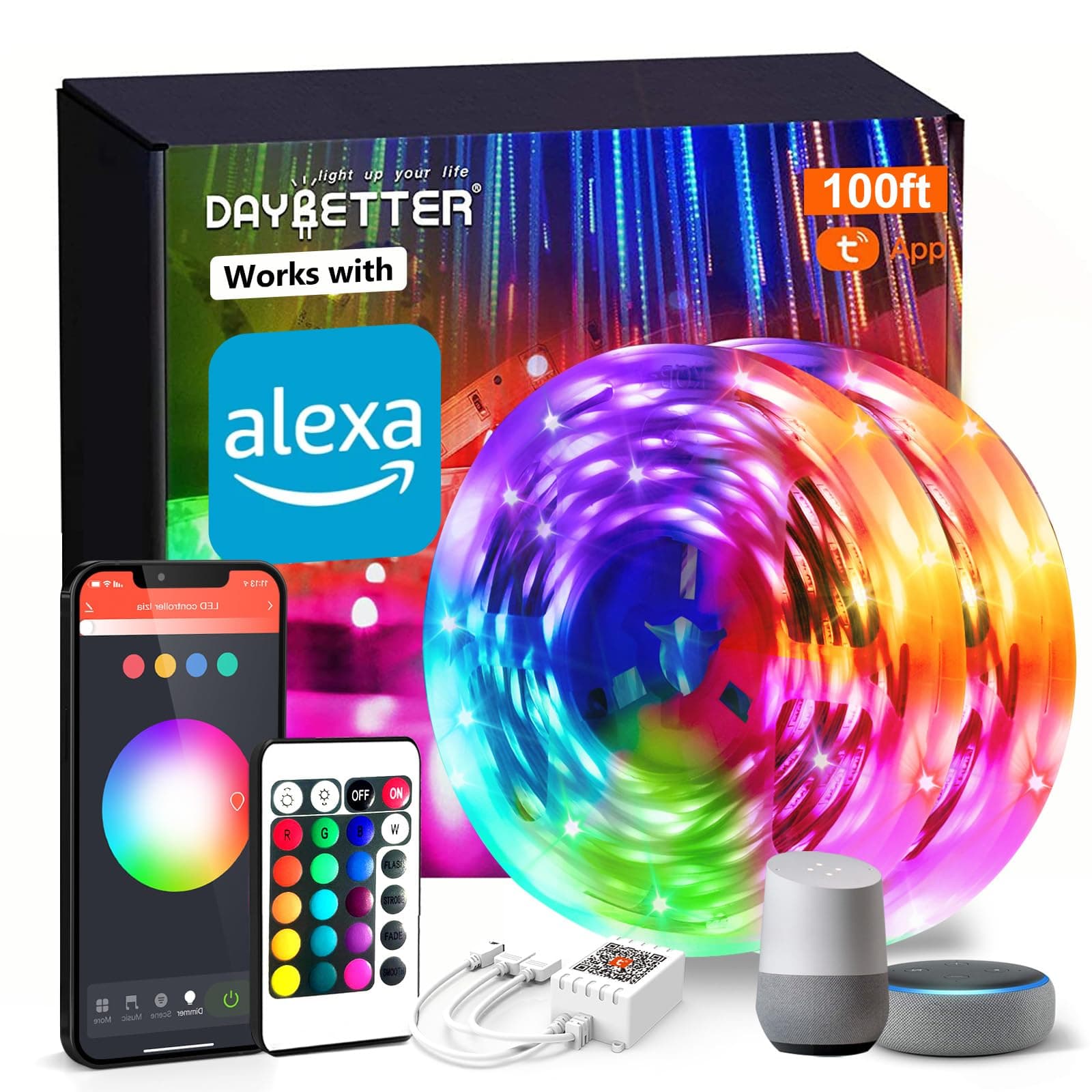 AONELAS DAYBETTER Smart WiFi Led Lights 100ft, Tuya App Controlled Led Strip Lights, Work with Alexa and Google Assistant, Timer Schedule, Color Changing Led Lights for Bedroom Party Kitchen