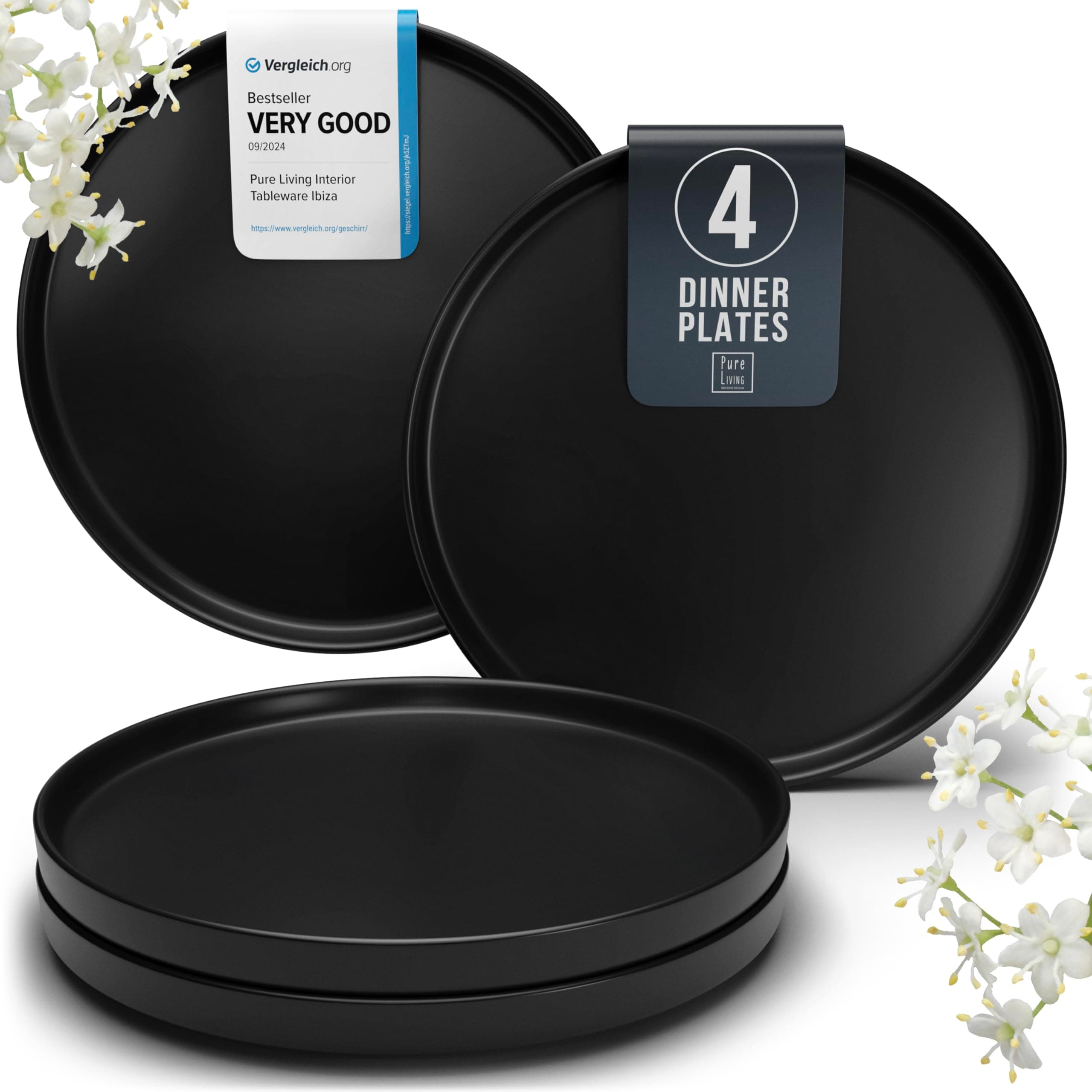Stoneware Dinner Plates Set - Matte Black, 10.2" Lipped Edges, Dishwasher & Microwave Safe