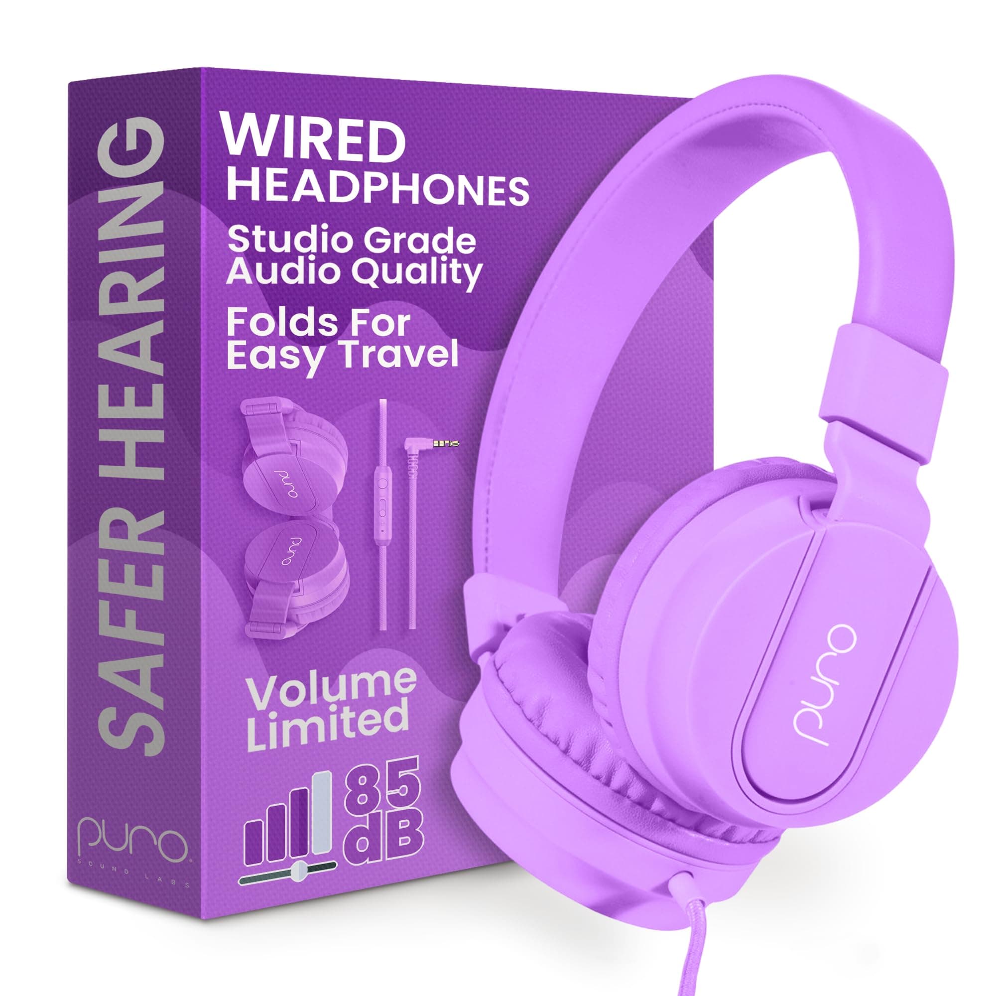 PuroBasic Volume Limiting Wired Headphones for Kids, Foldable & Adjustable Headband w/Microphone, Compatible with Smartphones, Tablets and PC’s (Purple)