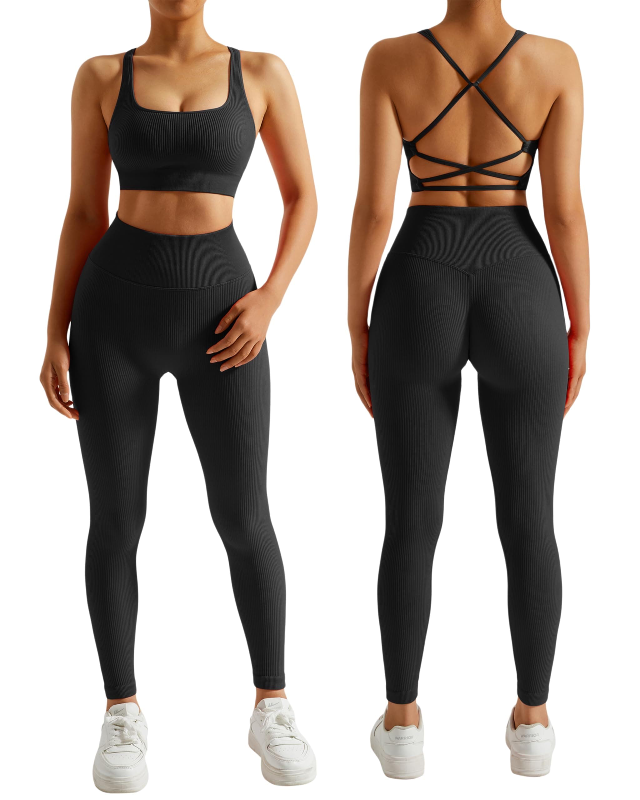 RXRXCOCO Ribbed Workout Sets for Women 2 Pieces Backless Strap Sports Bra Seamless Leggings Matching Set Yoga Outfits, #004 Black, M