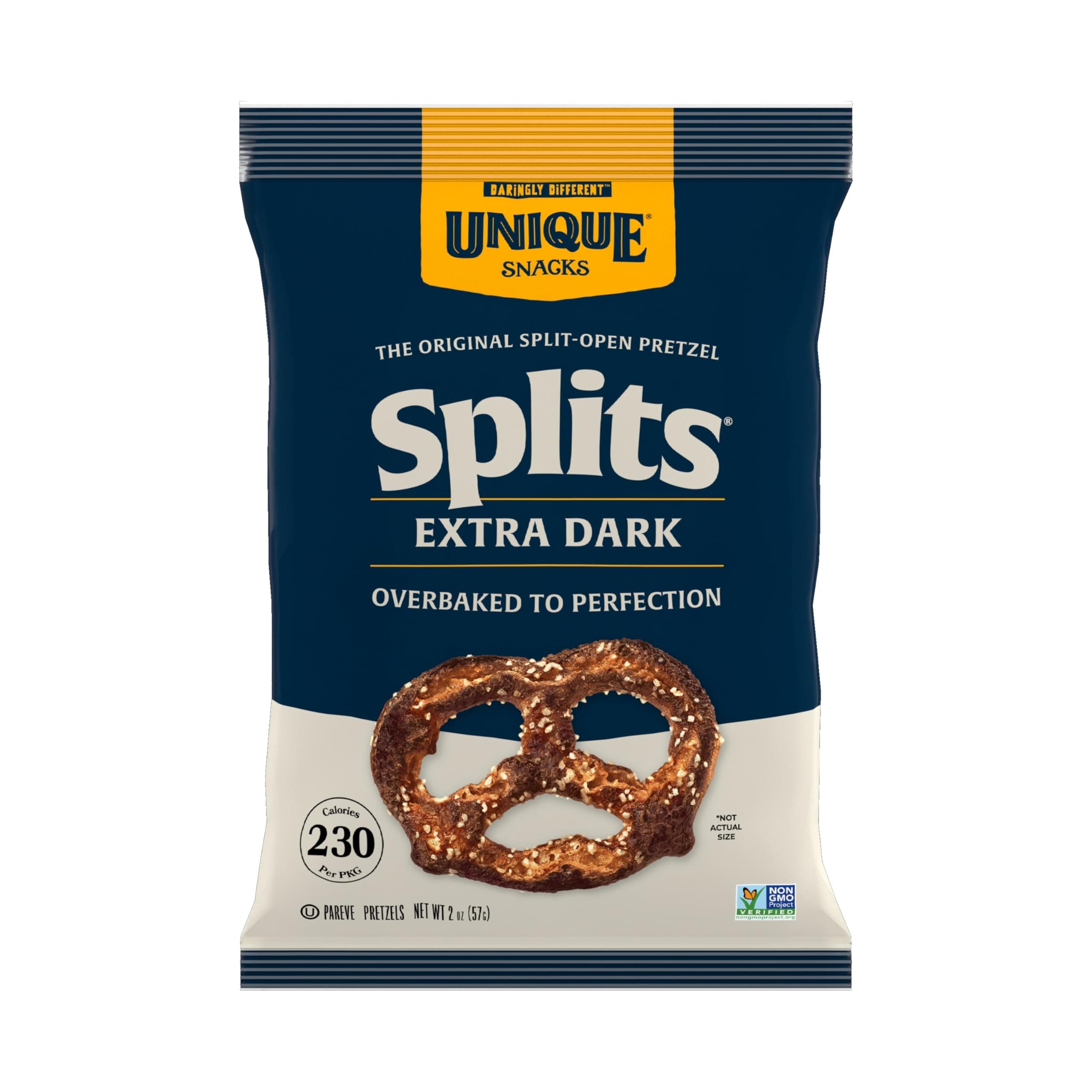 Unique Snacks Extra Dark Splits Pretzels, Original Split-Open Pretzels, Delicious Homestyle-Baked Snack Bag, Vegan, OU Kosher, and Non-GMO Food, No Artificial Flavor, 2 Oz. Bag, Pack of 12