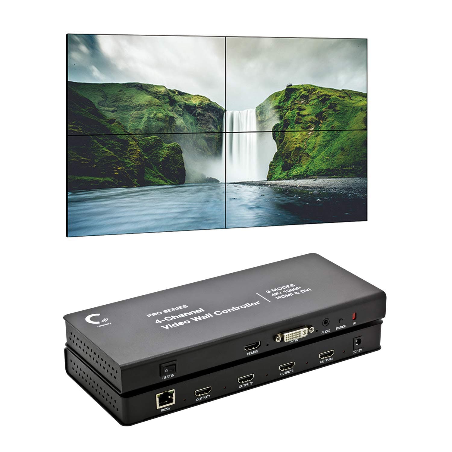 2x2 Video Wall Controller | 1080p, HDMI 1.4, HDCP1.4 Compliant | HDMI & DVI Inputs; HDMI Outputs | 8 Display Modes - 2x2, 1x2, 1x3, 1x4, 2x1, 3x1, 4x1 | Cascading - 2x4, 2x8