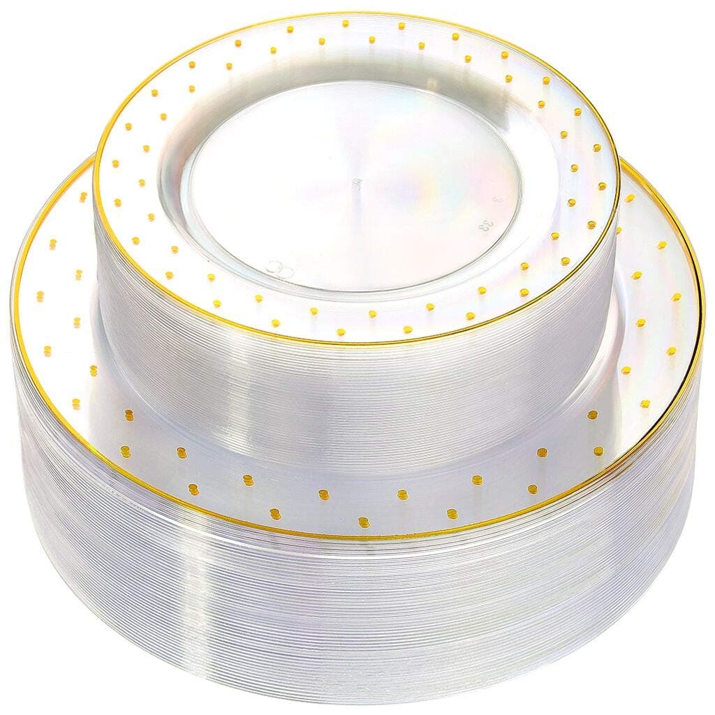 WDF 102pcs Gold Plastic Plates -Clear with Dot Design Crystal Disposable Wedding Party Plastic Plates include 51 Plastic Dinner Plates 10.25inch,51 Salad/Dessert Plates 7.5inch