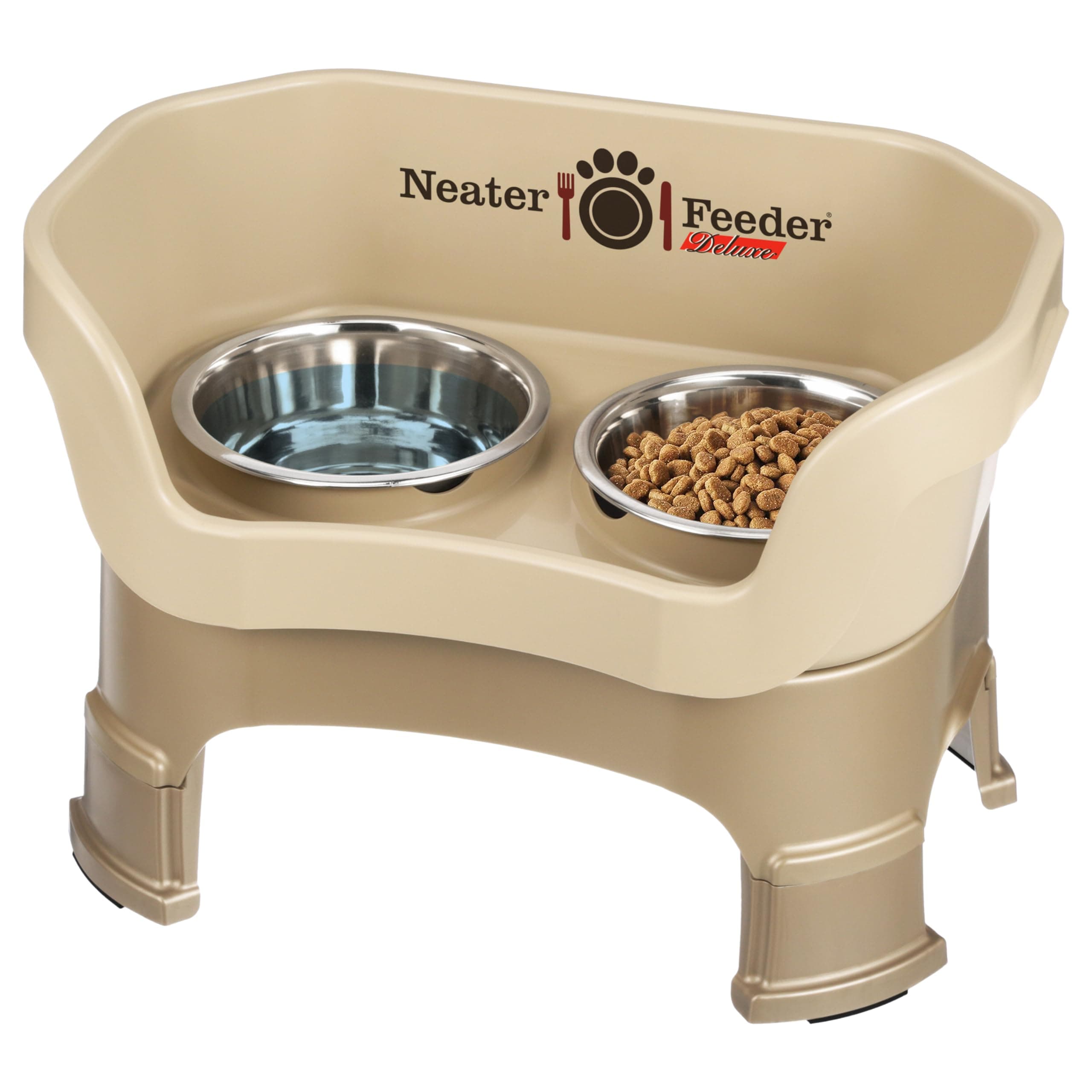 Neater Feeder Deluxe Mess-Proof Elevated Dog Bowls for Medium Dogs (19–40 lbs), 2 Height Adjustable (10” & 12.5”) No-Spill Raised Dog Bowl Stand, Stainless Steel Food Bowl Set, Made in USA, Cappuccino