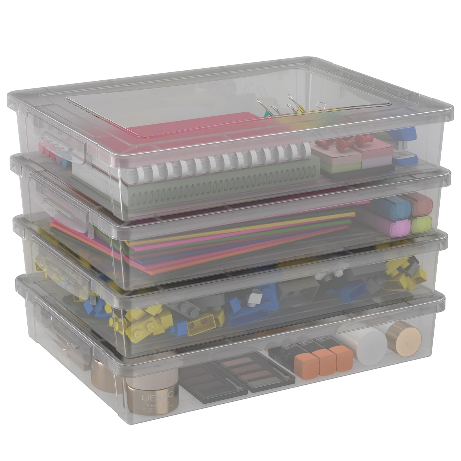 Lifewit 4 Pack Plastic Multi-Purpose Storage Box with Latching Lids, Clear A4 Paper Storage, Classroom Organization, Storage Containers for Board Game, Craft, Document, Magazine, Art Supplies