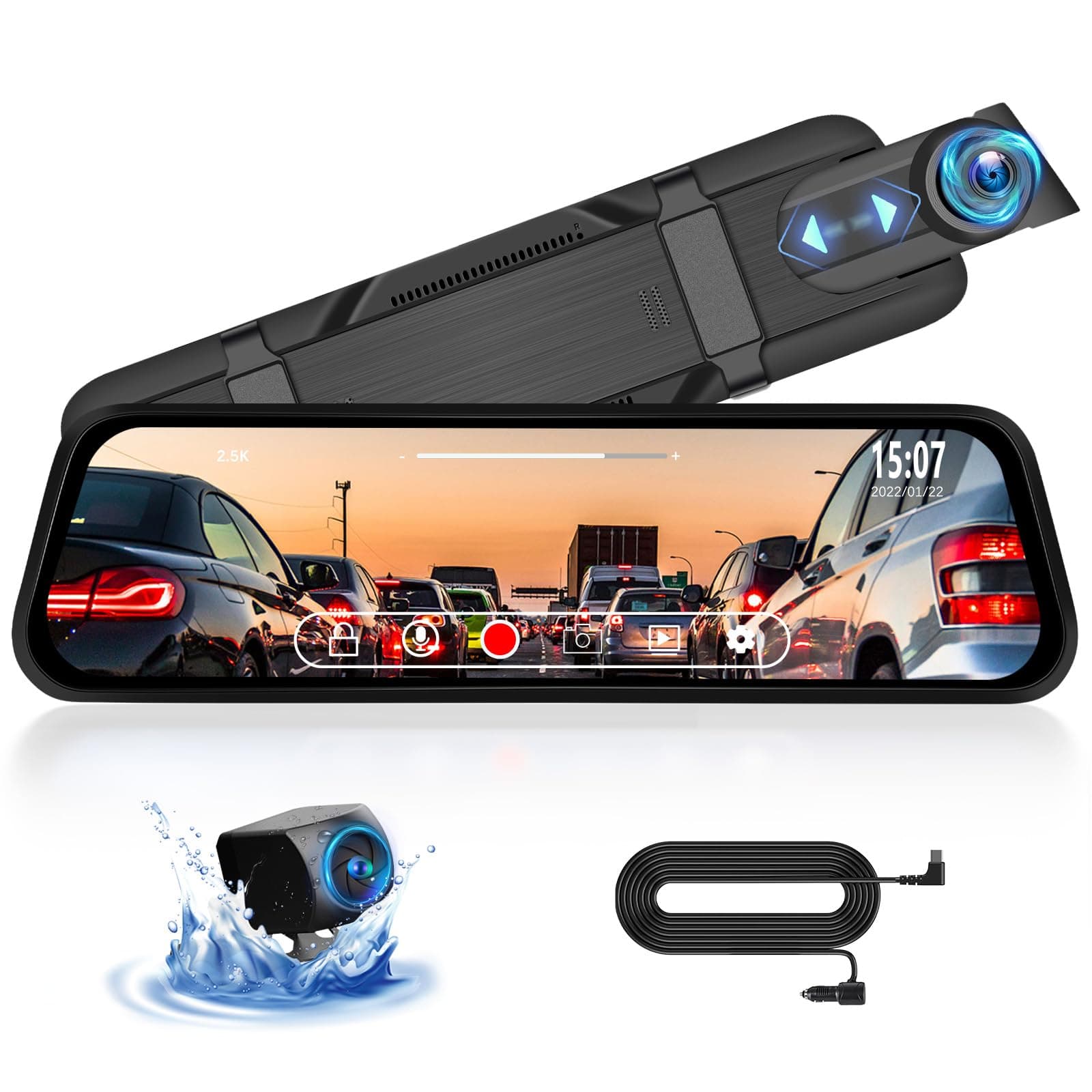 2.5K Mirror Dash Cam 9.66 Inch Mirror Dash Cam Front and Rear,1080P Backup Camera for Car Truck Full HD Touch Screen WDR Night Vision/Loop Recording/G-Sensor/Parking Monitor/Motion Detection