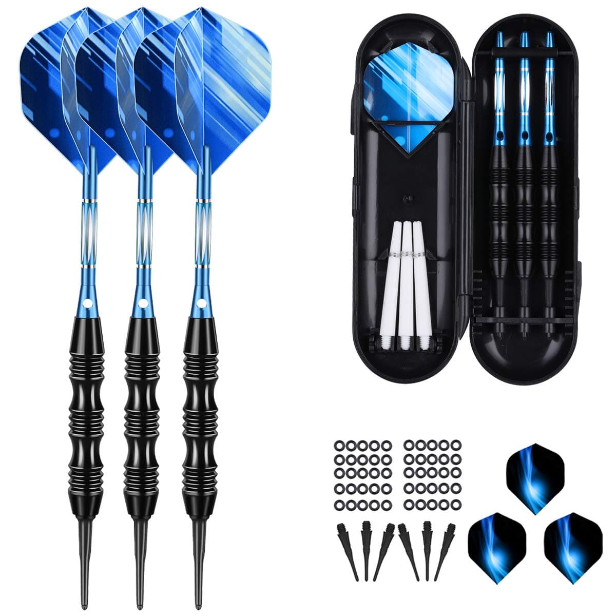 Professional Soft Tip Darts Set 20 Grams - 50 Rubber O-Rings + 30 Darts Plastic Tip + Aluminum Shafts + 6 Standard Flights + Portable Case for Electronic Dart Board