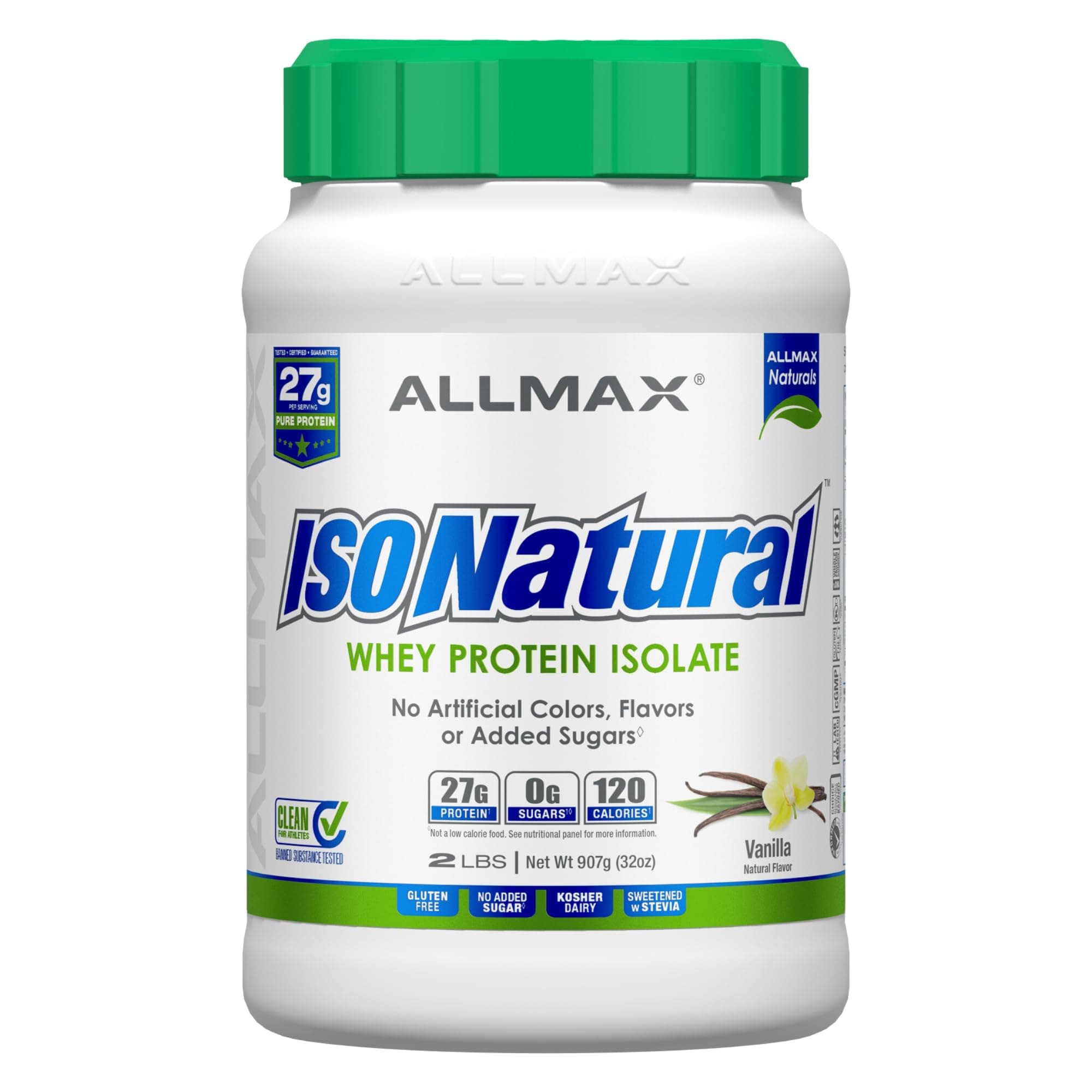 ISONATURAL Whey Protein Isolate, Vanilla - 2 lb - 27 Grams of Protein Per Scoop - Zero Fat & Sugar - 99% Lactose Free - with Prebiotics - No Artificial Flavors - Approx. 29 Servings