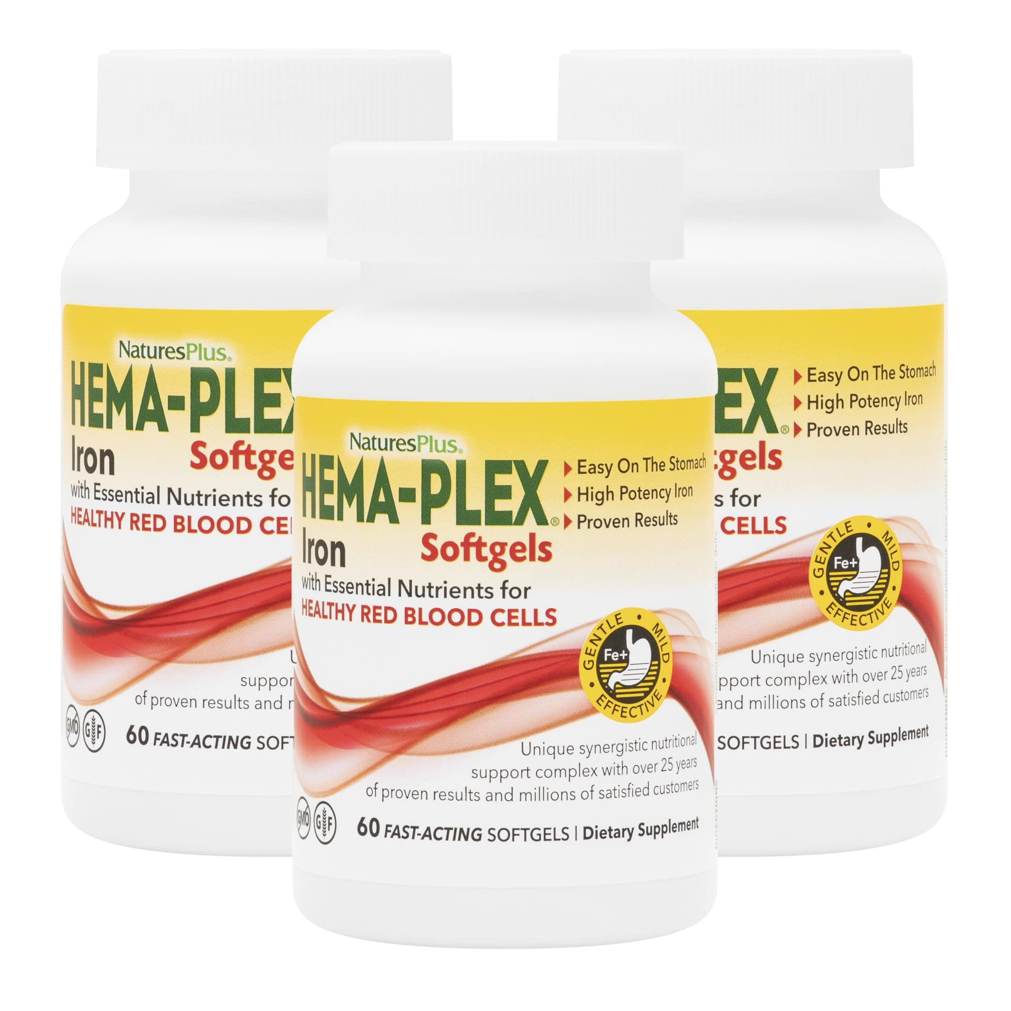 NaturesPlus Hema-Plex Iron - 60 Fast-Acting Softgels - 3 Pack - 85 mg Iron + Vitamin C & Bioflavonoids for Healthy Red Blood Cells - Gluten Free - 60 Total Servings