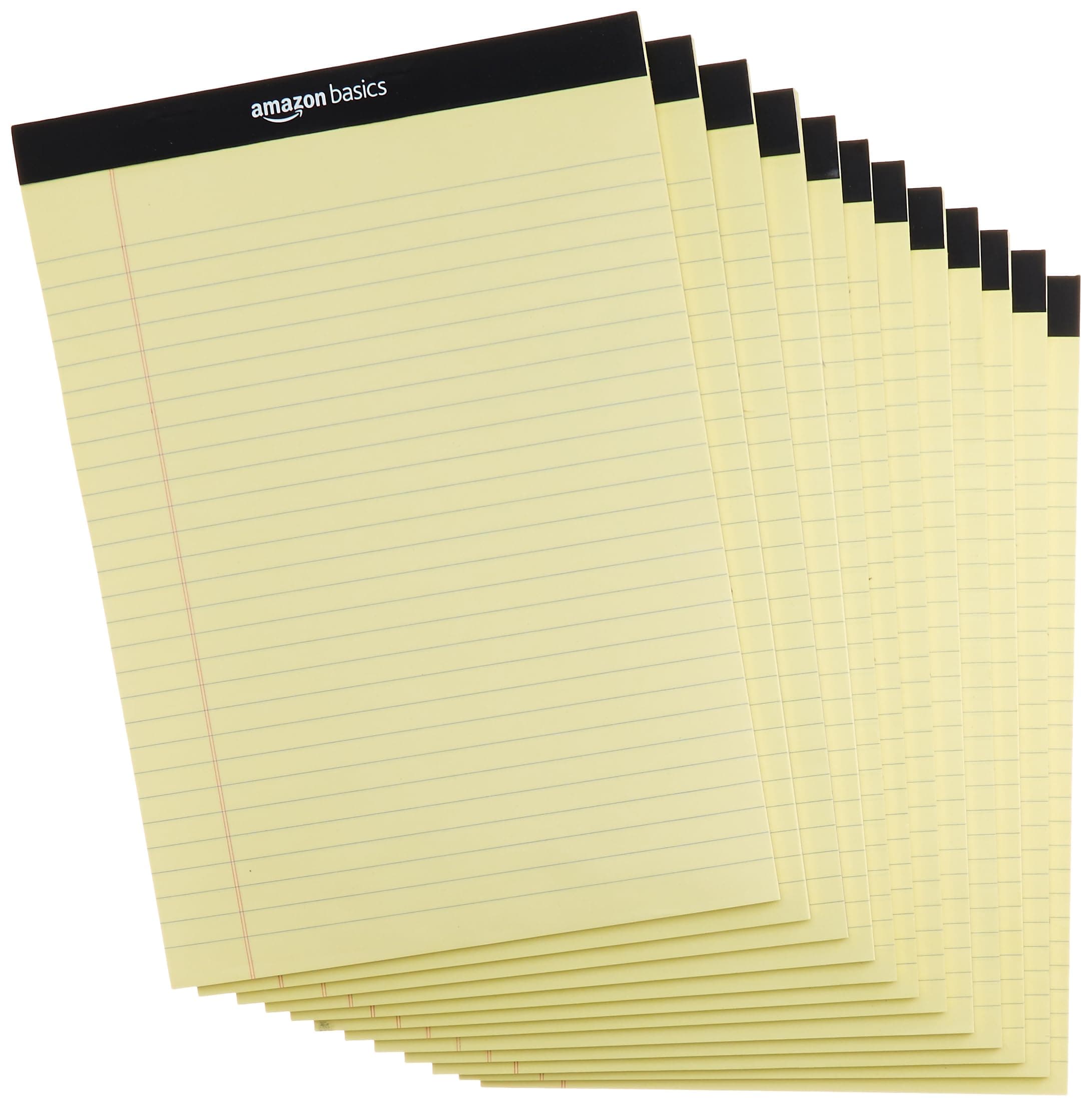 Amazon Basics Wide Ruled Lined Writing Pads, 8.5" x 11.75", Canary, 12-Pack of 50 Perforated Sheets, Sturdy Backing