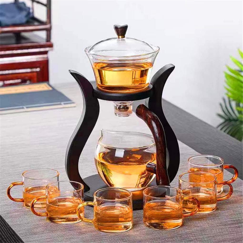 RORA Lazy Kungfu Glass Tea Set Semi Automatic Drip Rotating with Infuser Glass Teapot Set (6 cups)