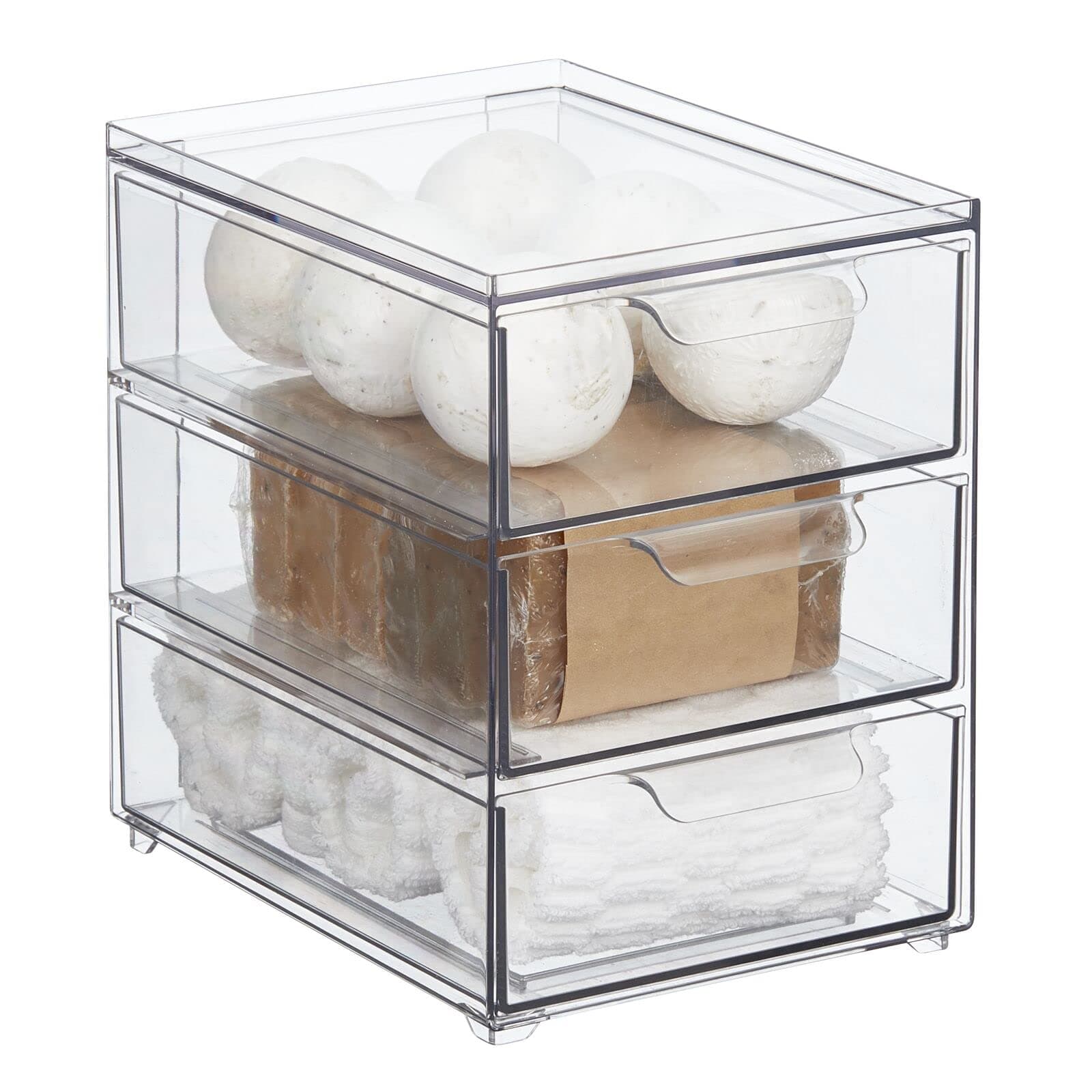 mDesign Storage Box – Deep Stackable Plastic Container with Pull-Out Drawers – Bathroom Organiser Box for Toiletries, Makeup and Beauty Products – Clear