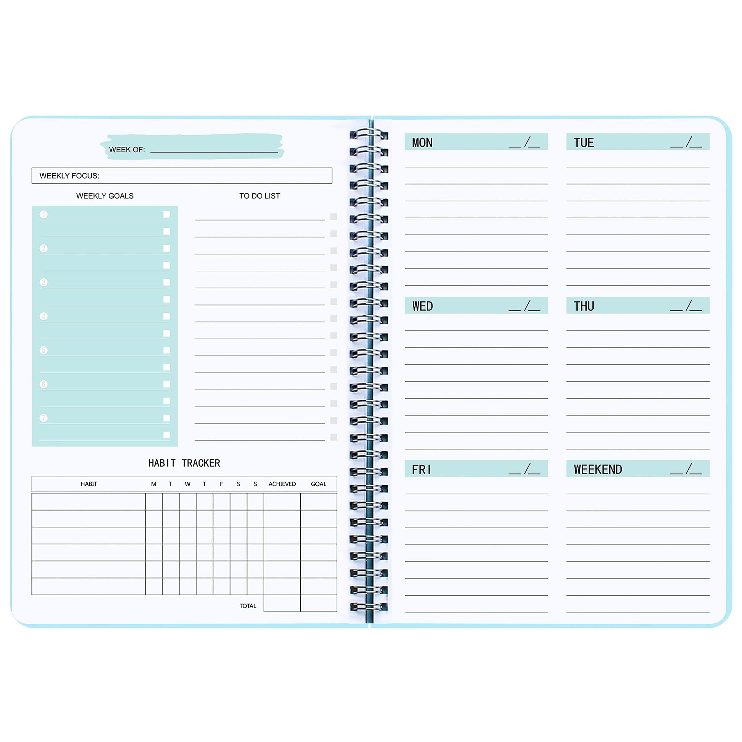 Undated Weekly Planner- Weekly Goals Notebook, A5 To Do List Planner, Habit Tracker Journal with Spiral Binding, 5.7 x 8.0 inches