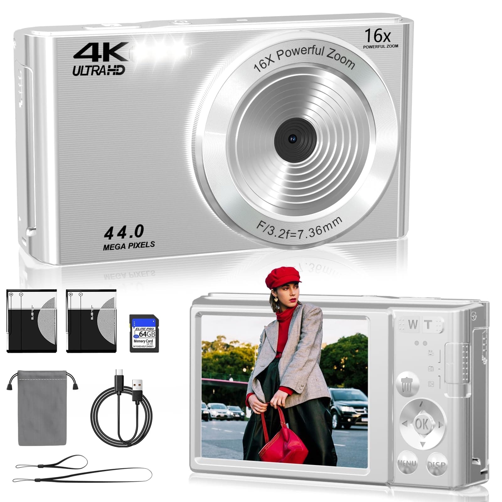 2025 Upgrade Digital Camera 4K 44MP, Compact Point and Shoot Digital Cameras for Teens with 16x Zoom, 64 GB SD Card, Vintage Digital Camera for Kids Boys Girls(Silver )