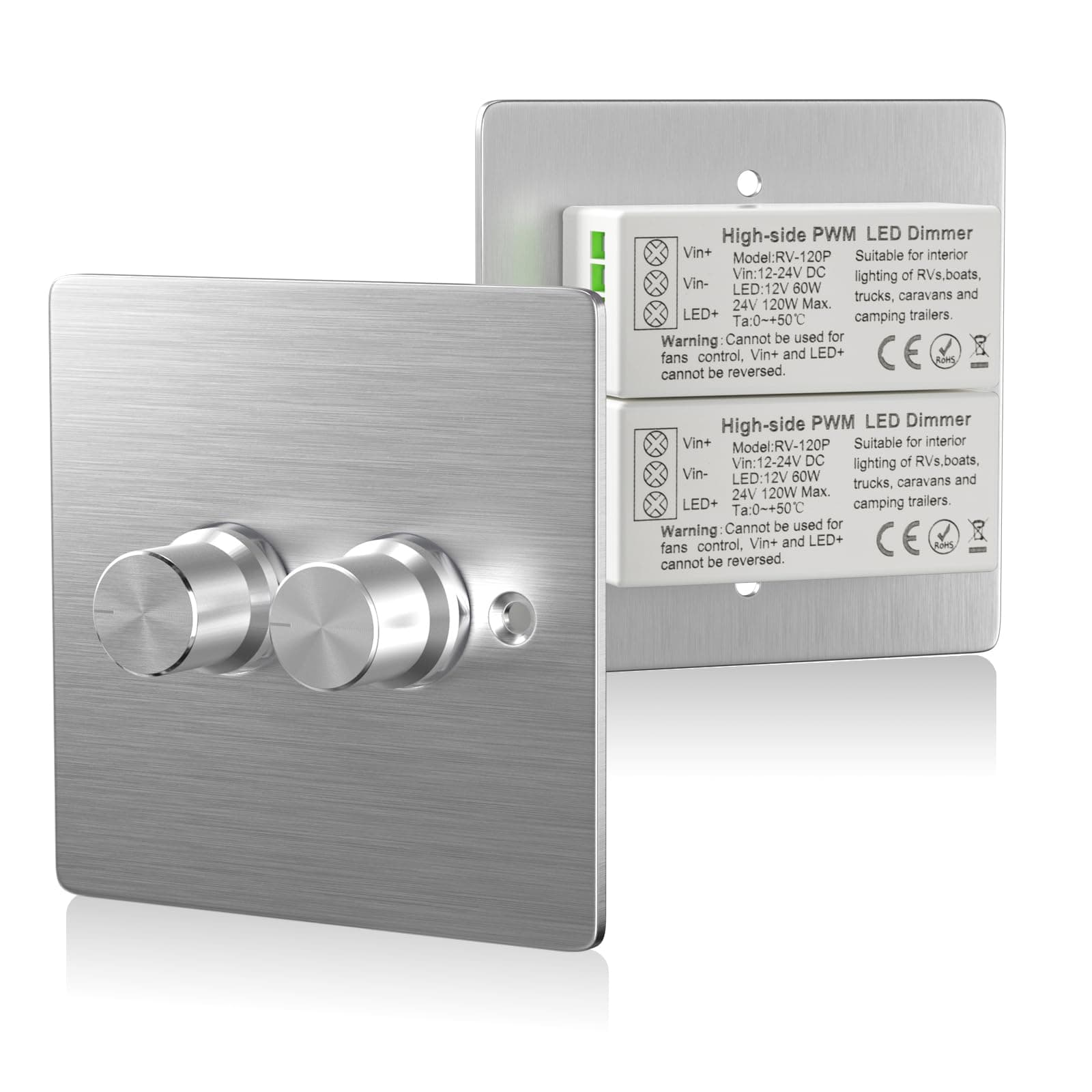 12V Dimmer Switch, DC12V-24V Double Dimmer Light Switch, 120W 5A PWM RV LED Dimmer Switch 2Gang Rotary RV Light Switch for 12V LED Lights in Motorhome/RVs/Campervan/Boat/Truck-Silver