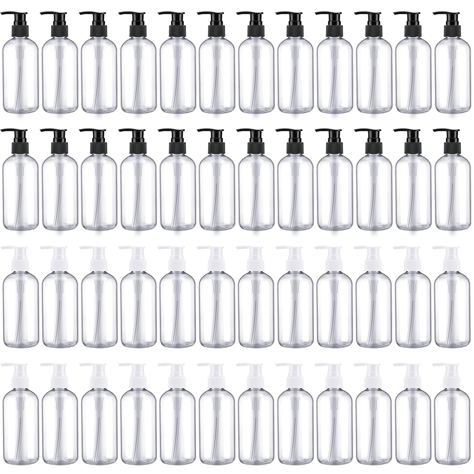 48 Pcs Pump Bottle Lotion Dispenser Refillable Shampoo Conditioner Hand Soap Dispenser Plastic Empty 8oz/250ml Clear Reusable Body Wash Container Bulk(Clear, White, Black)