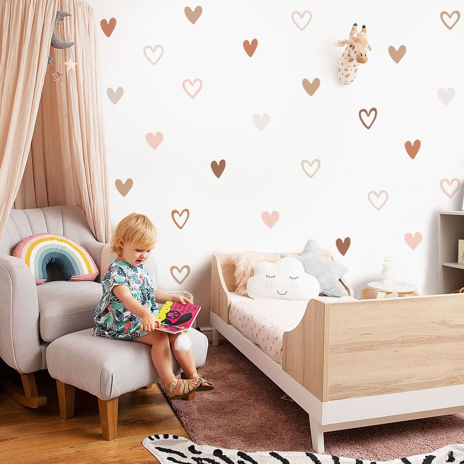 funlife 72 PCS Boho Wall Decals Peel and Stick, Muted Boho Hearts Wall Stickers, Pastel Sketchy Hearts Wall Art Stickers for Kids Room Bedroom Playroom Nursery Room