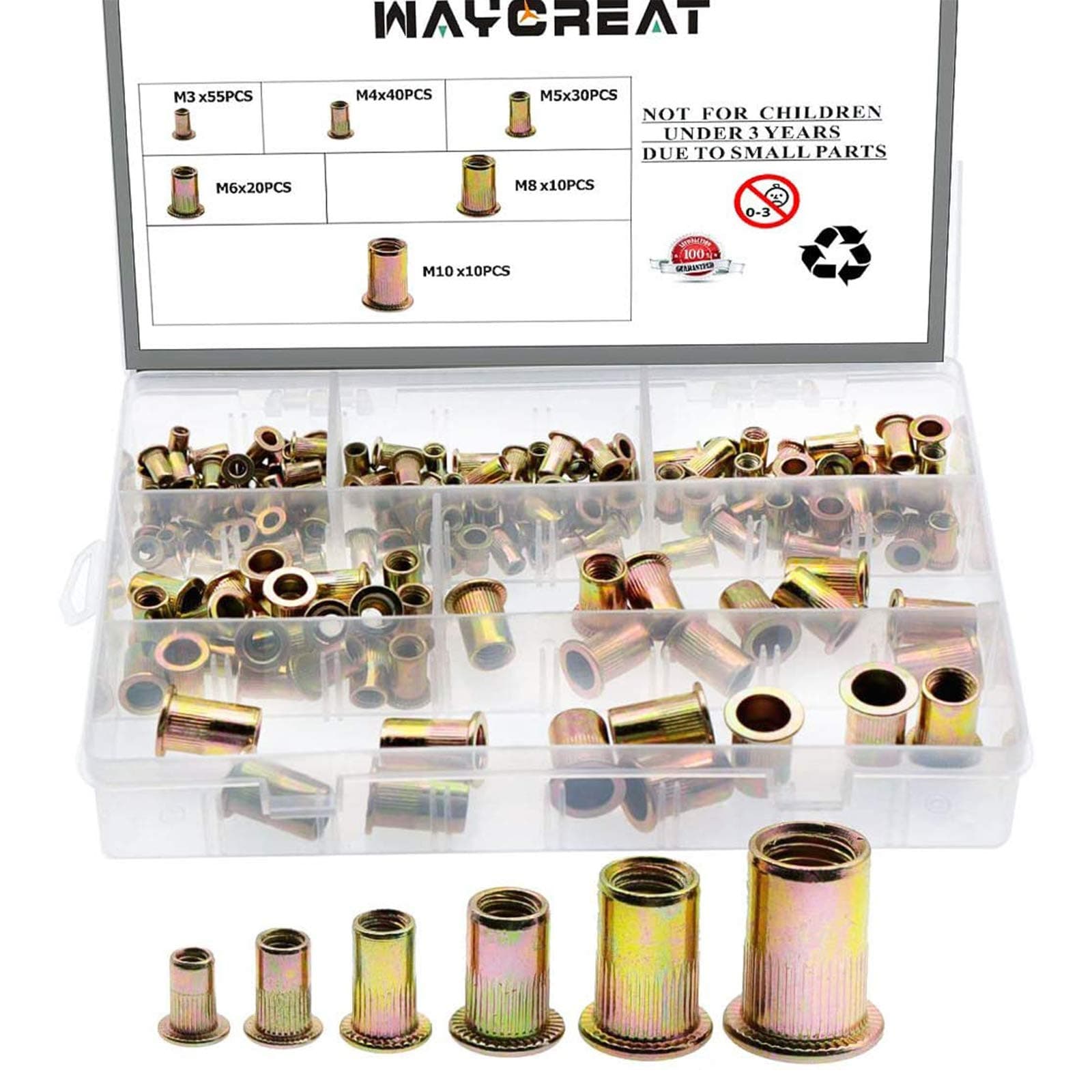 Waycreat 165Pcs M3 M4 M5 M6 M8 M10 Rivet Nuts, Metric Flat Head Insert Nutsert Assortment Kit