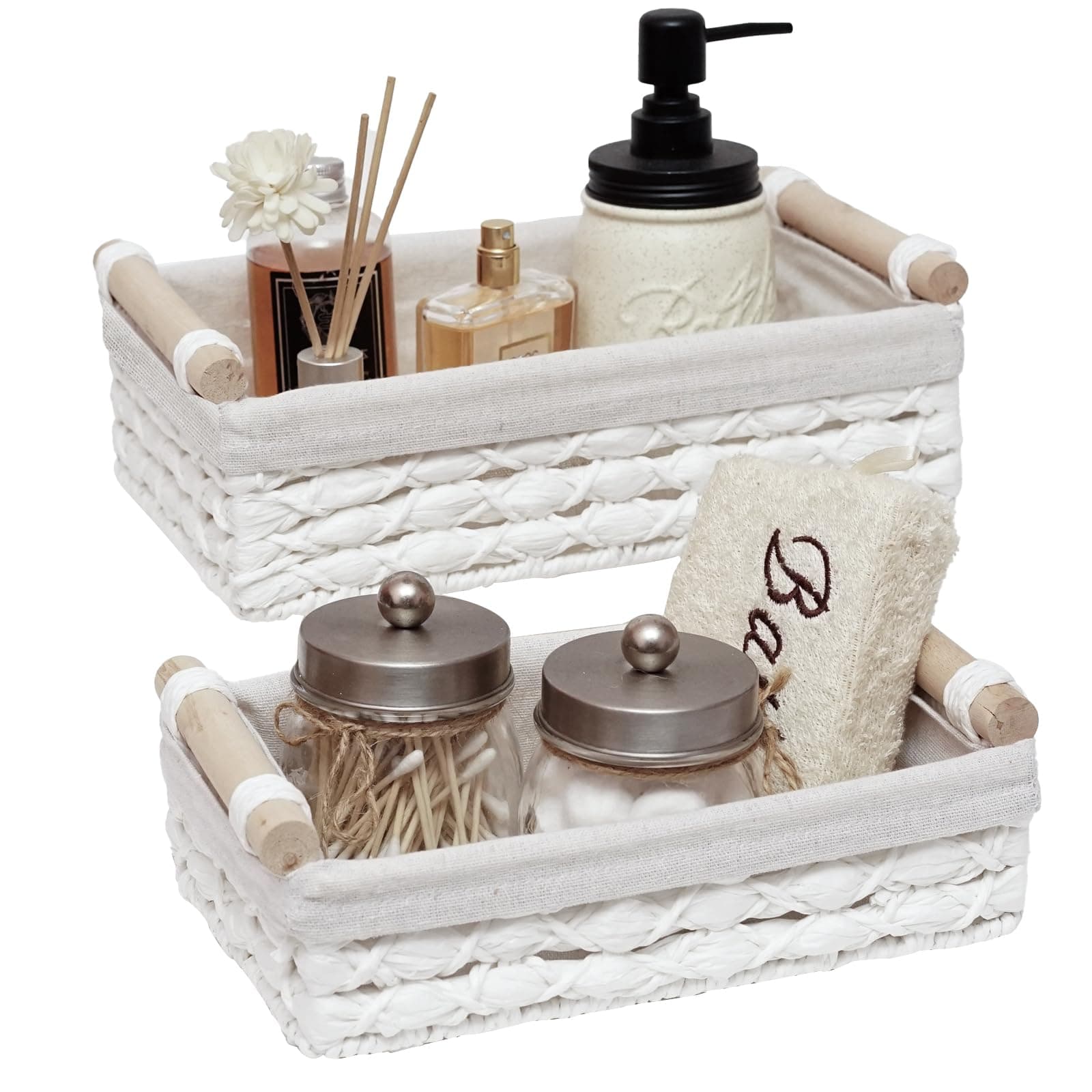 Storage Basket Wicker Baskets for Organizing with Handle Decorative Storage Bins for Countertop Toilet Paper Storage Basket for Toilet Tank Top Small Baskets Set (Set of 2,White)