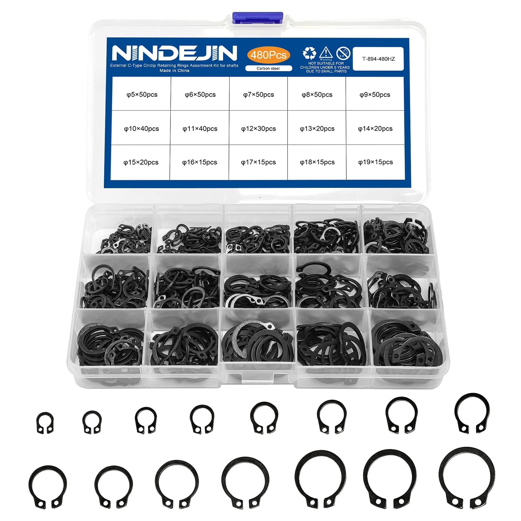 NINDEJIN 480Pcs Circlip Snap Rings Assortment Set