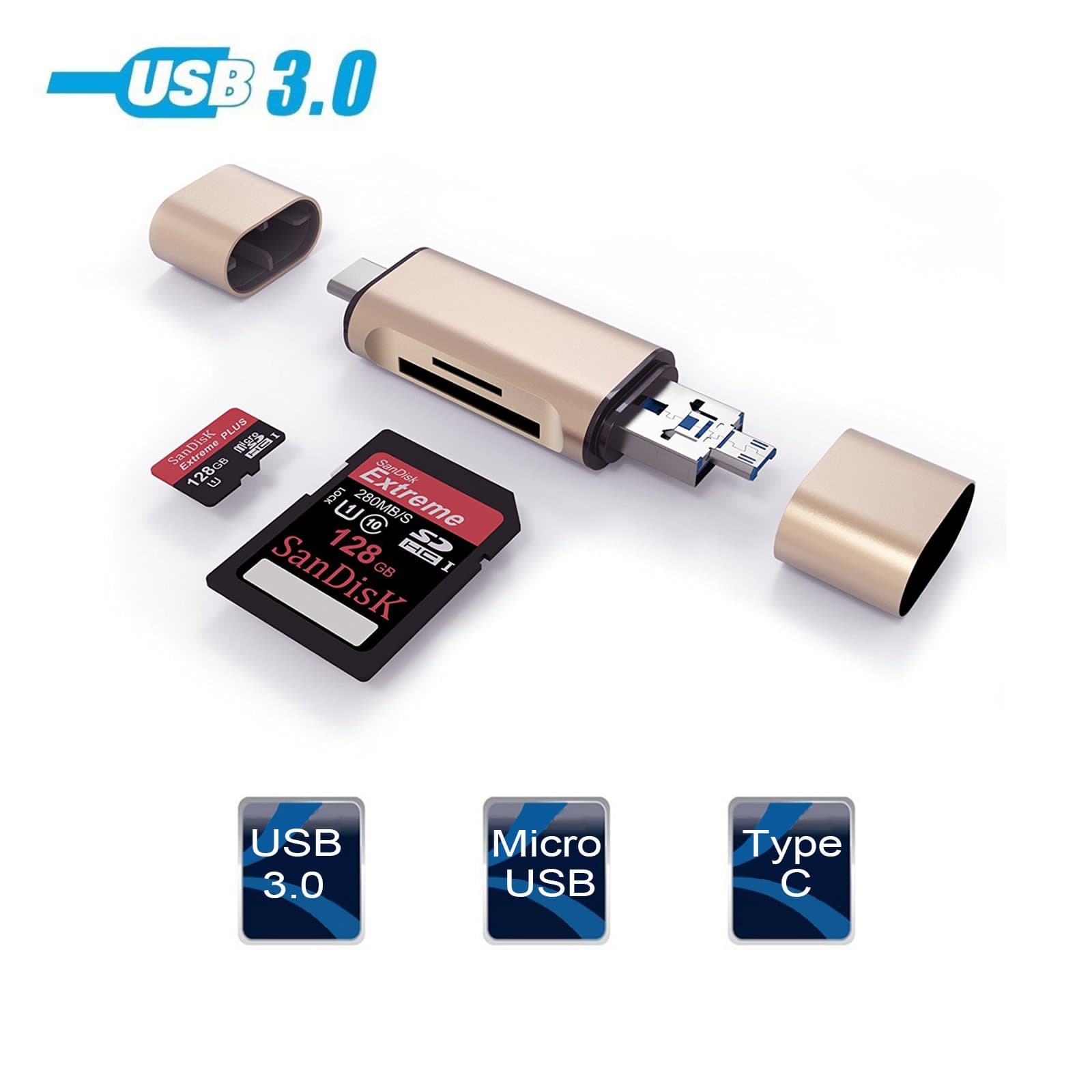 QERY 3-in-1 USB 3.0 Memory Card Reader, SD/Micro SD Card Reader With Standard USB Type C Male/ USB Male & Micro USB Male Connector For Smartphones/Tablets With OTG Function