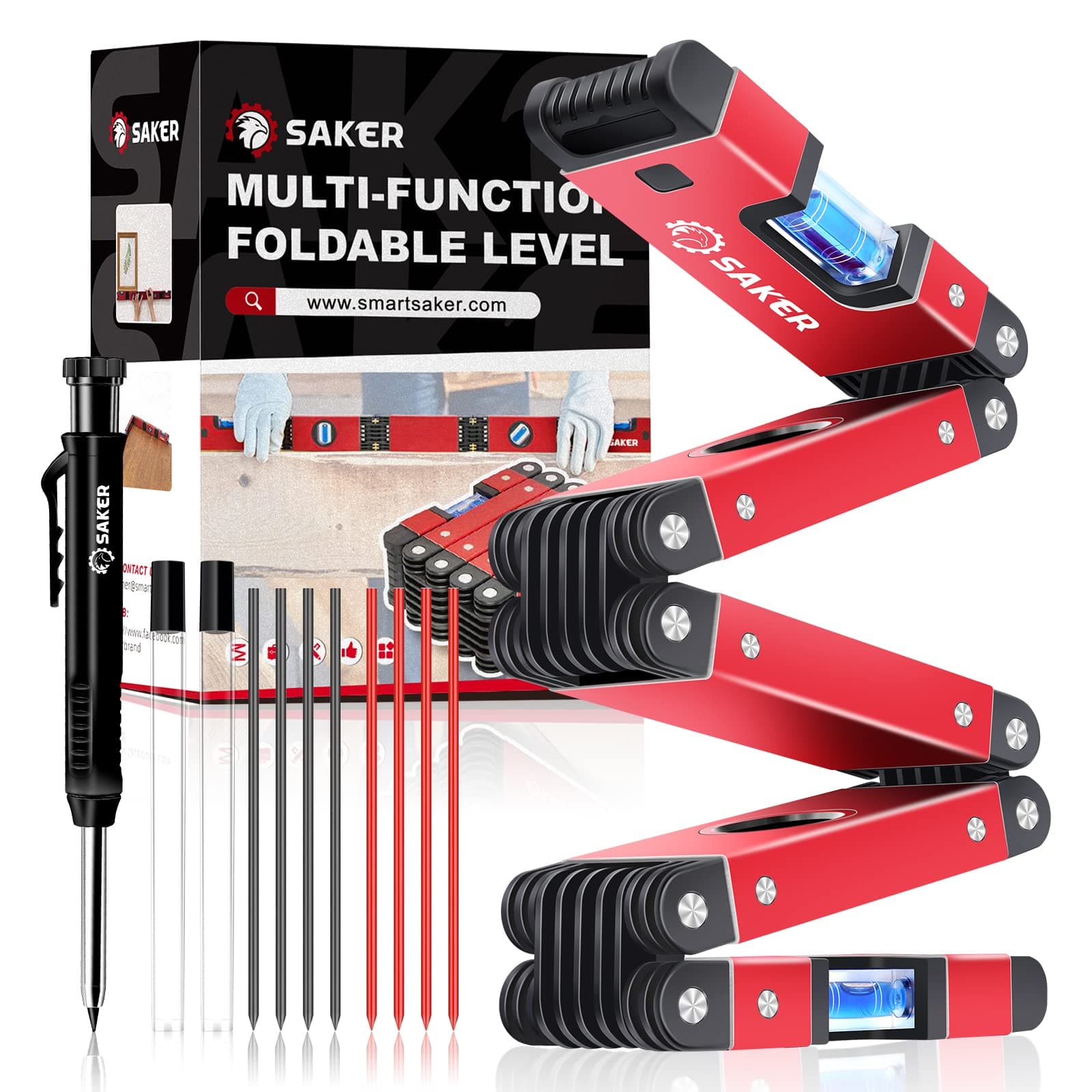 Saker Multi-Function Foldable Level and Deep Hole Pencil Set,The Perfect Set of 28-Inch Multi-Angle Measurement Woodworking Tools and DIY Woodworking Scribe Gauge Scriber Line Maker Measuring Tool