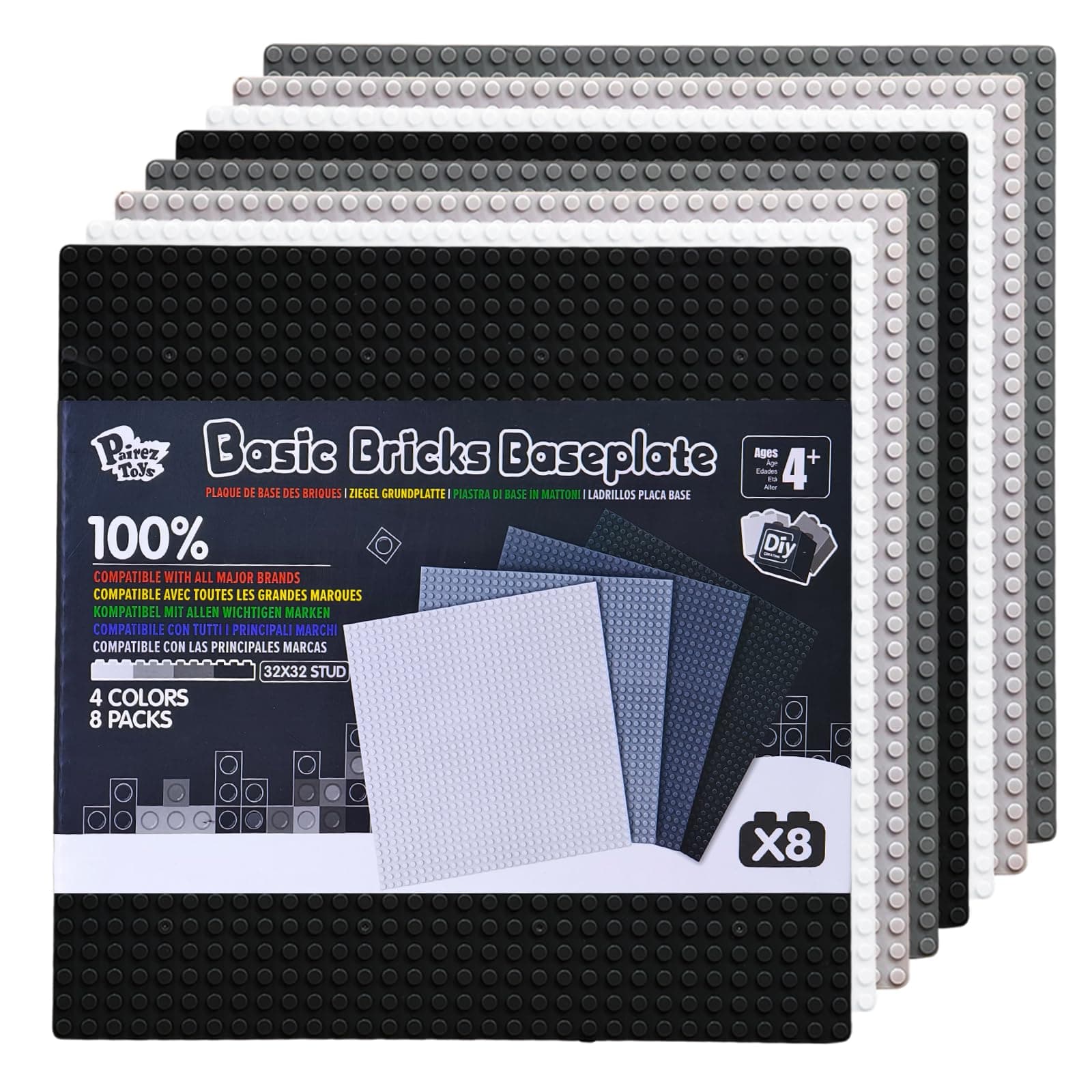 Classic Baseplates, 10"×10” Base Plates Multipack for Building Bricks, Compatible with All Major Brands, 8 Pack, Construction Toys & Gifts for Kids Ages 4+ (Black & White)