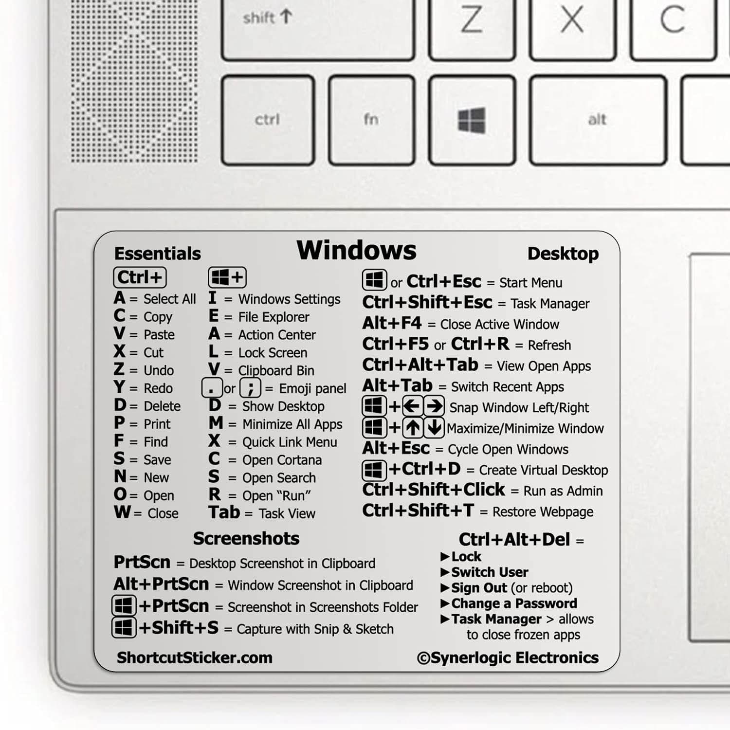 Synerlogic Windows PC Reference Keyboard Shortcut Sticker | Vinyl, Laminated Windows Shortcut Sticker for PC Laptop or Desktop | Shortcuts Cheat Sheet (Clear/Small)
