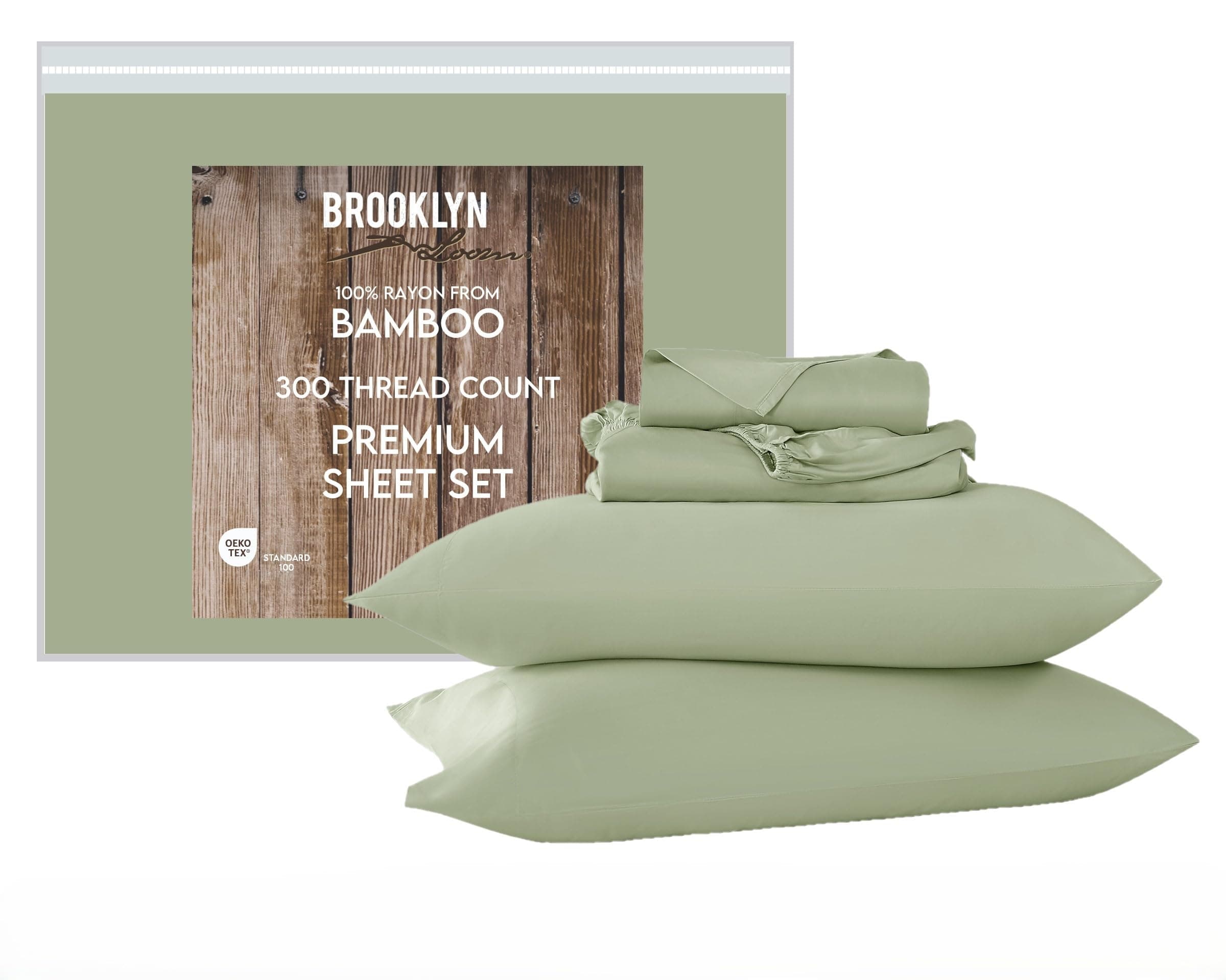 Brooklyn Loom 300 Thread Count Sateen 100% Rayon from Bamboo Deep Pocket 4 Piece Queen Sheet Set in Green, All Season, Adult Size, Oeko-TEX Certified